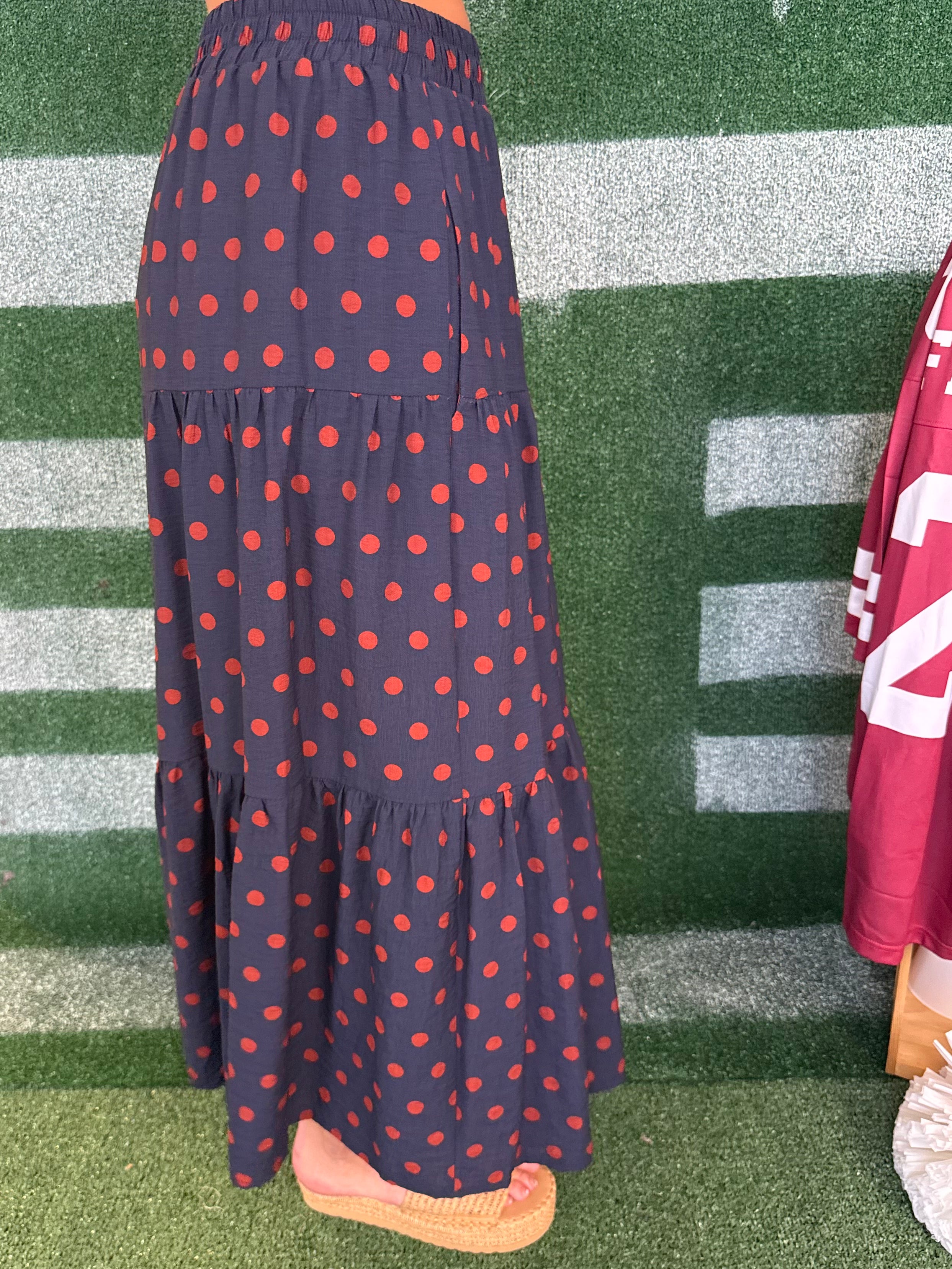 Happiness Ahead Navy Rust Polka Dot Maxi Skirt-Shop-Womens-Boutique-Clothing