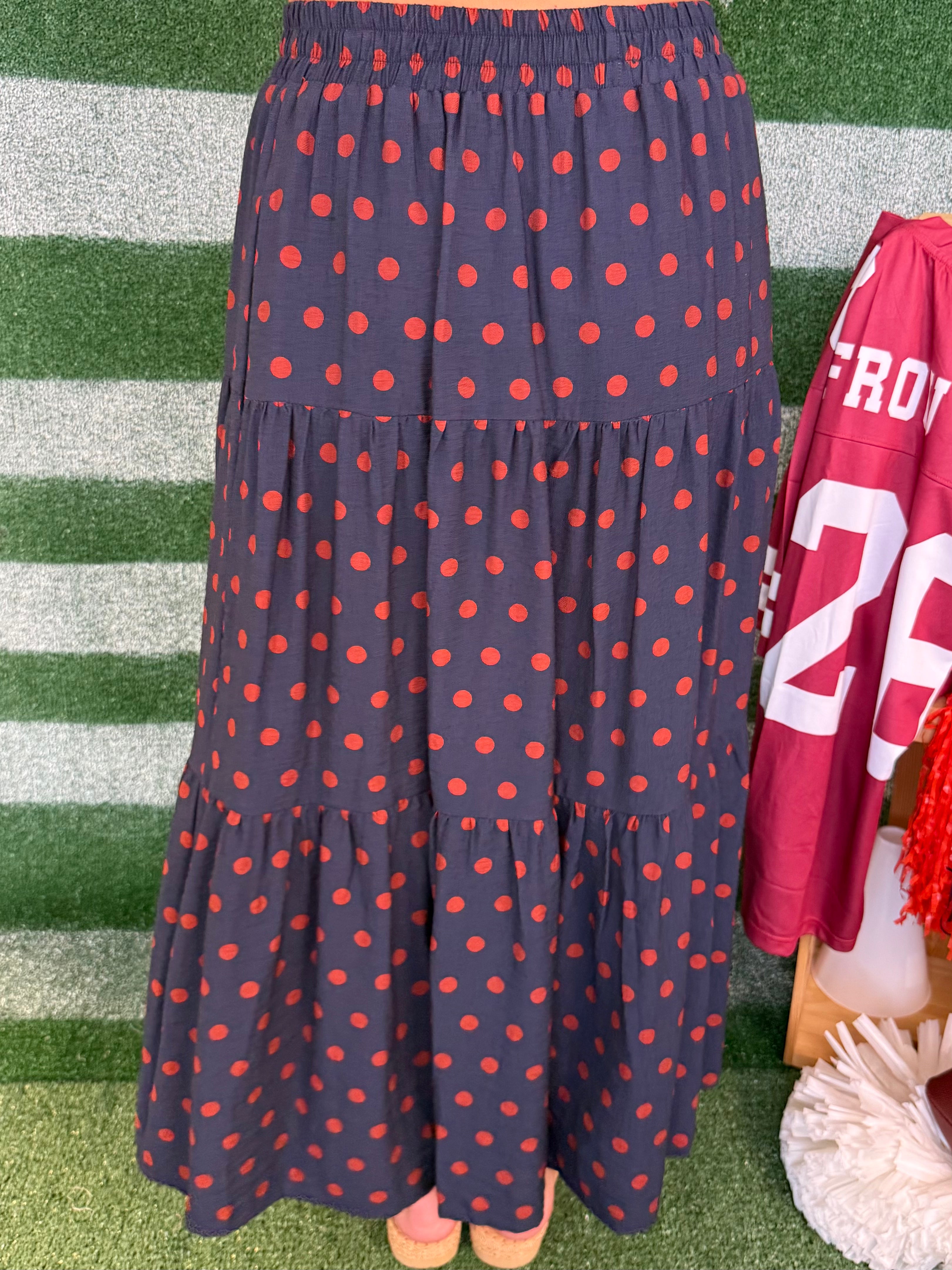 Happiness Ahead Navy Rust Polka Dot Maxi Skirt-Shop-Womens-Boutique-Clothing