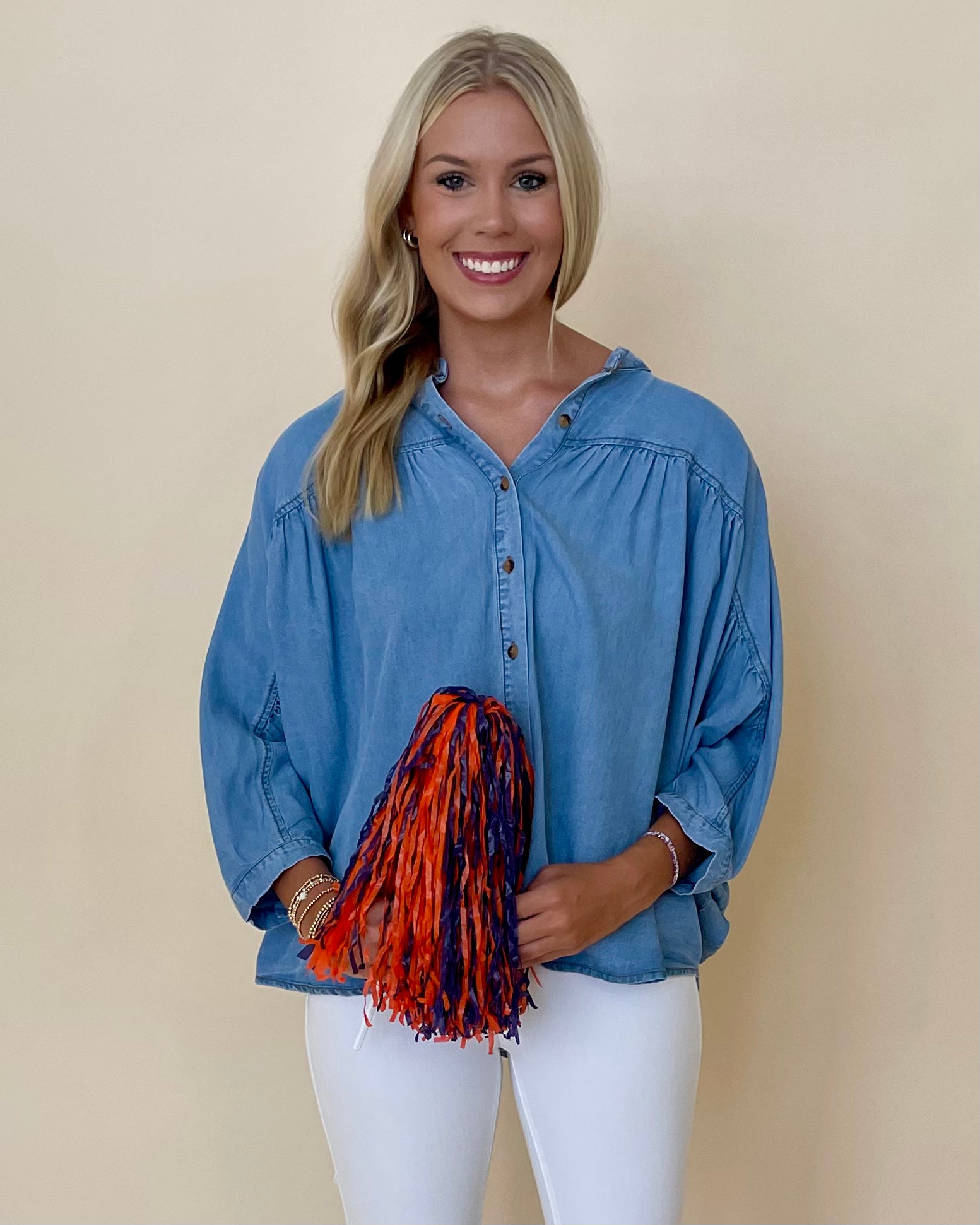 The Reason Denim Blue 3/4 Sleeve Top-Shop-Womens-Boutique-Clothing