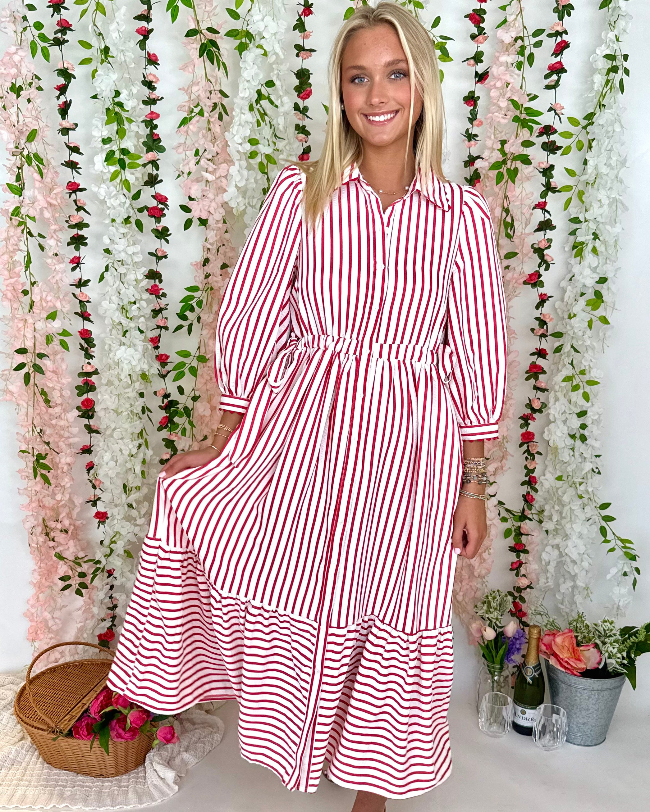 A Feeling Red Stripe Tie Midi Dress-Shop-Womens-Boutique-Clothing