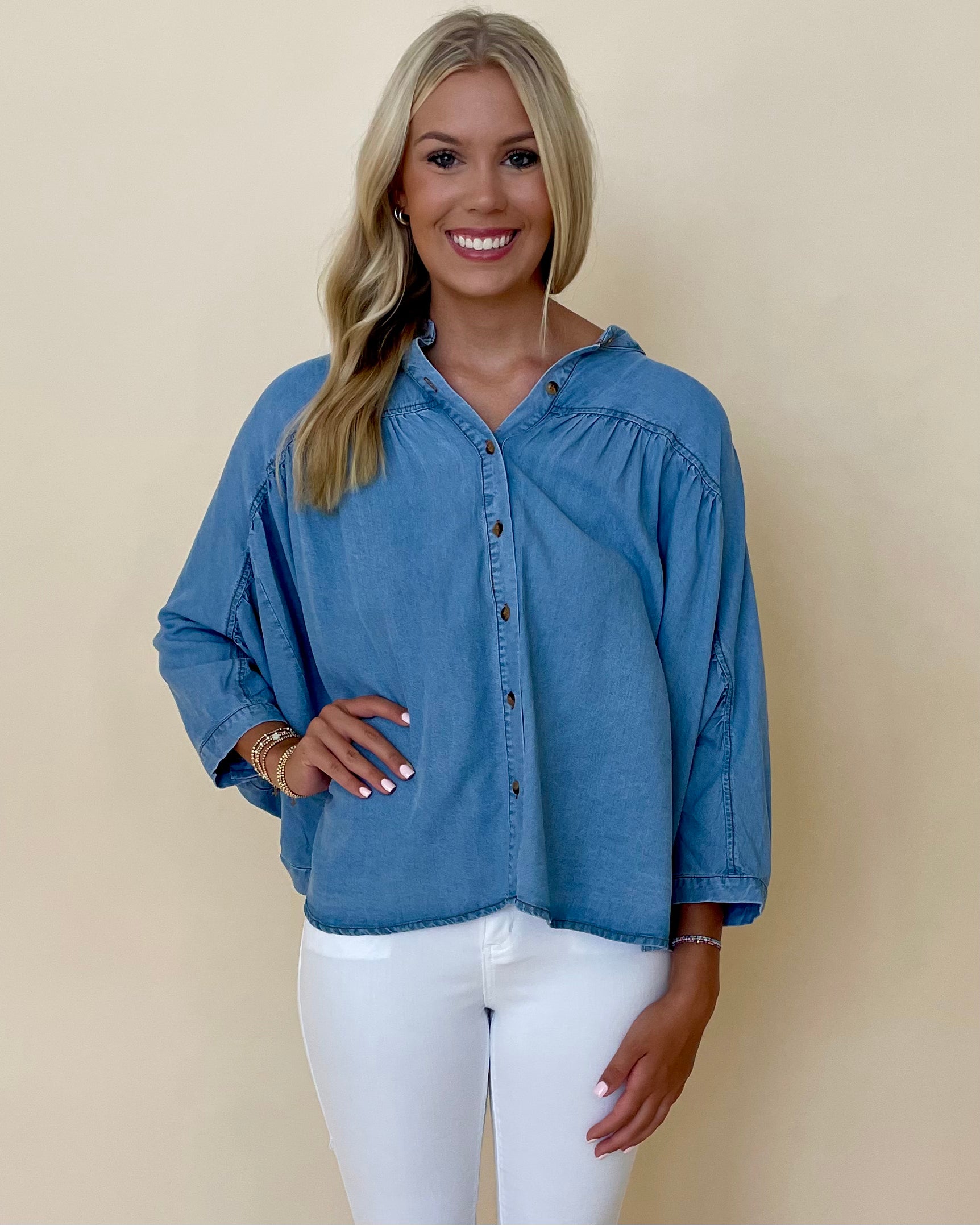 The Reason Denim Blue 3/4 Sleeve Top-Shop-Womens-Boutique-Clothing