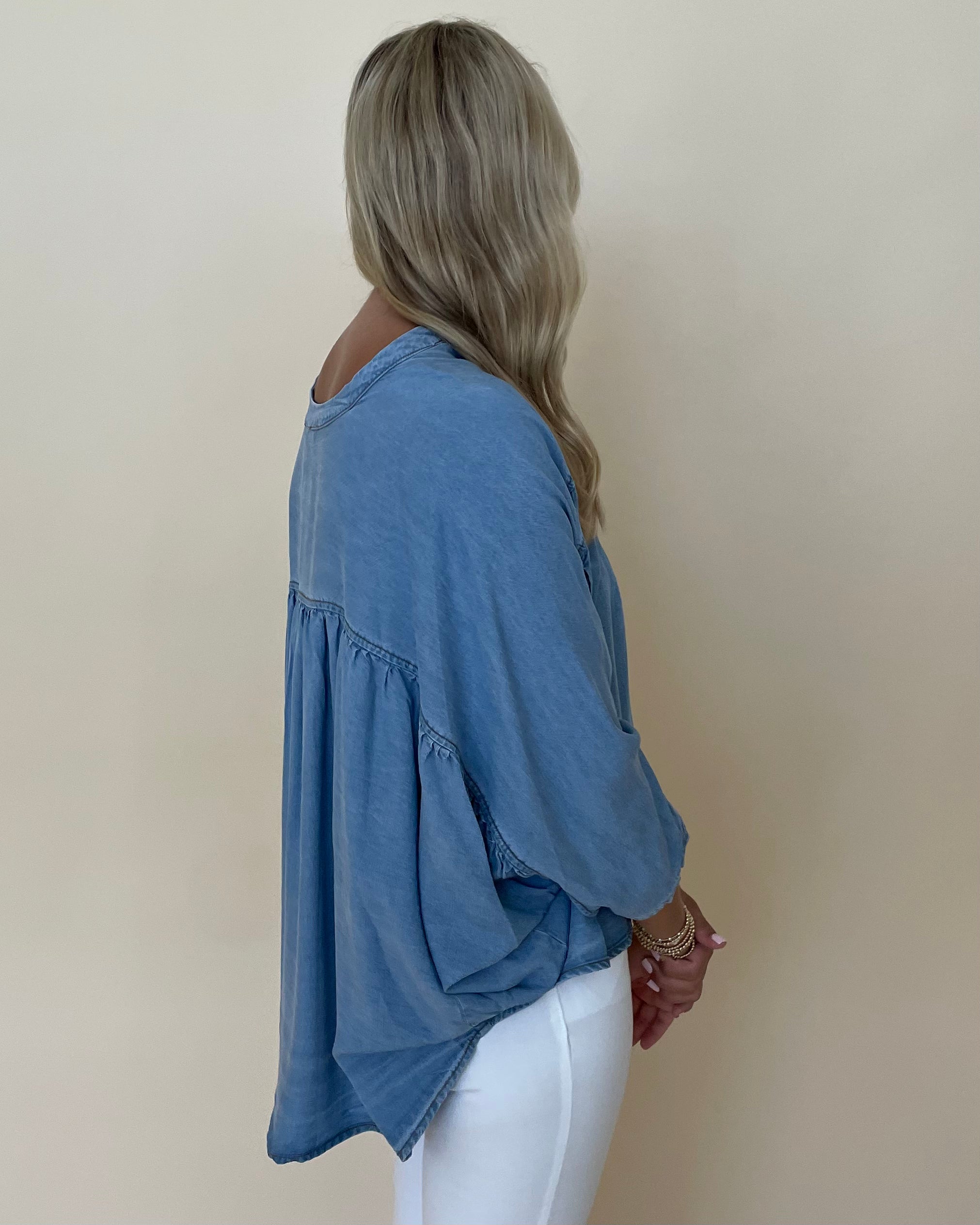 The Reason Denim Blue 3/4 Sleeve Top-Shop-Womens-Boutique-Clothing