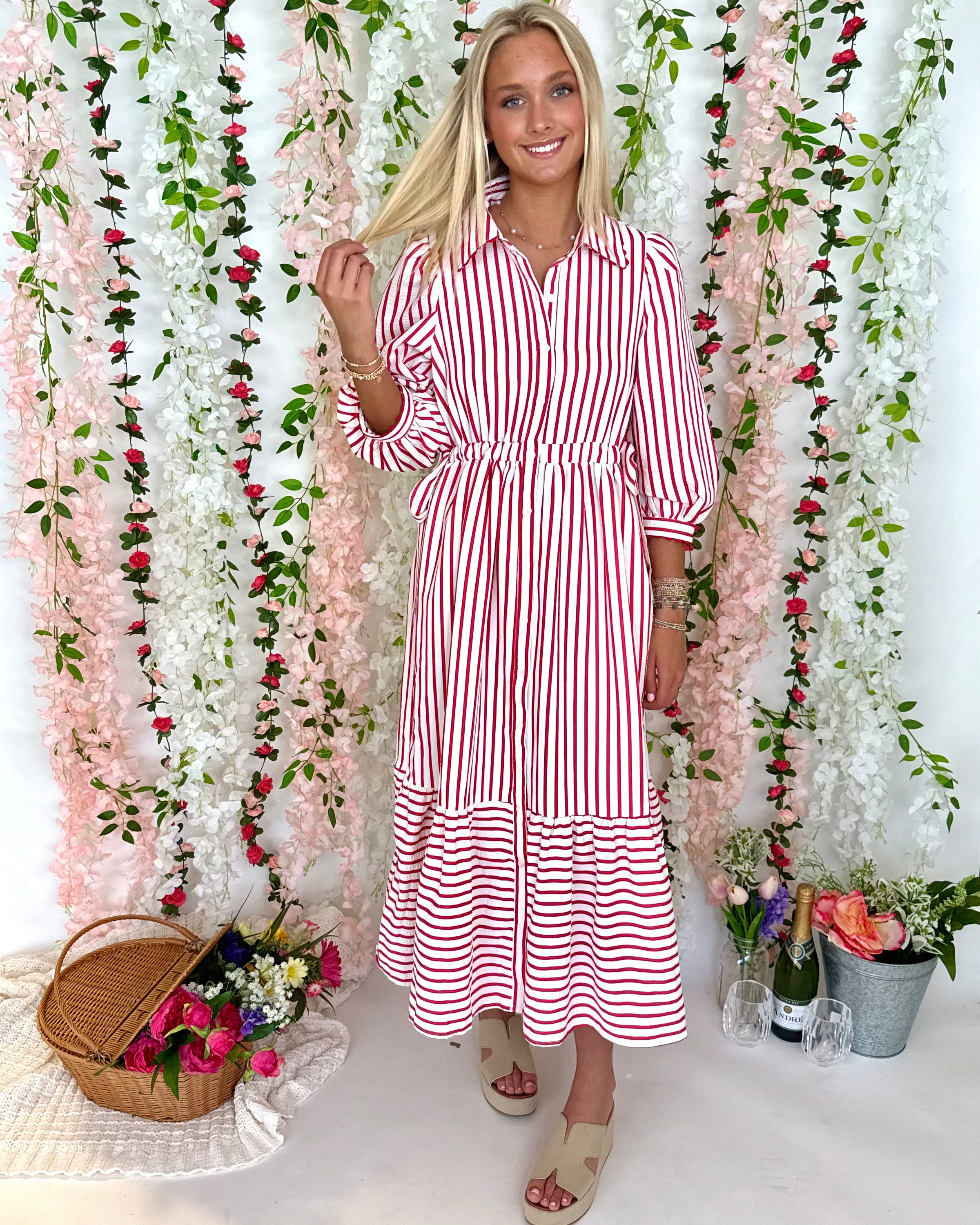 A Feeling Red Stripe Tie Midi Dress-Shop-Womens-Boutique-Clothing