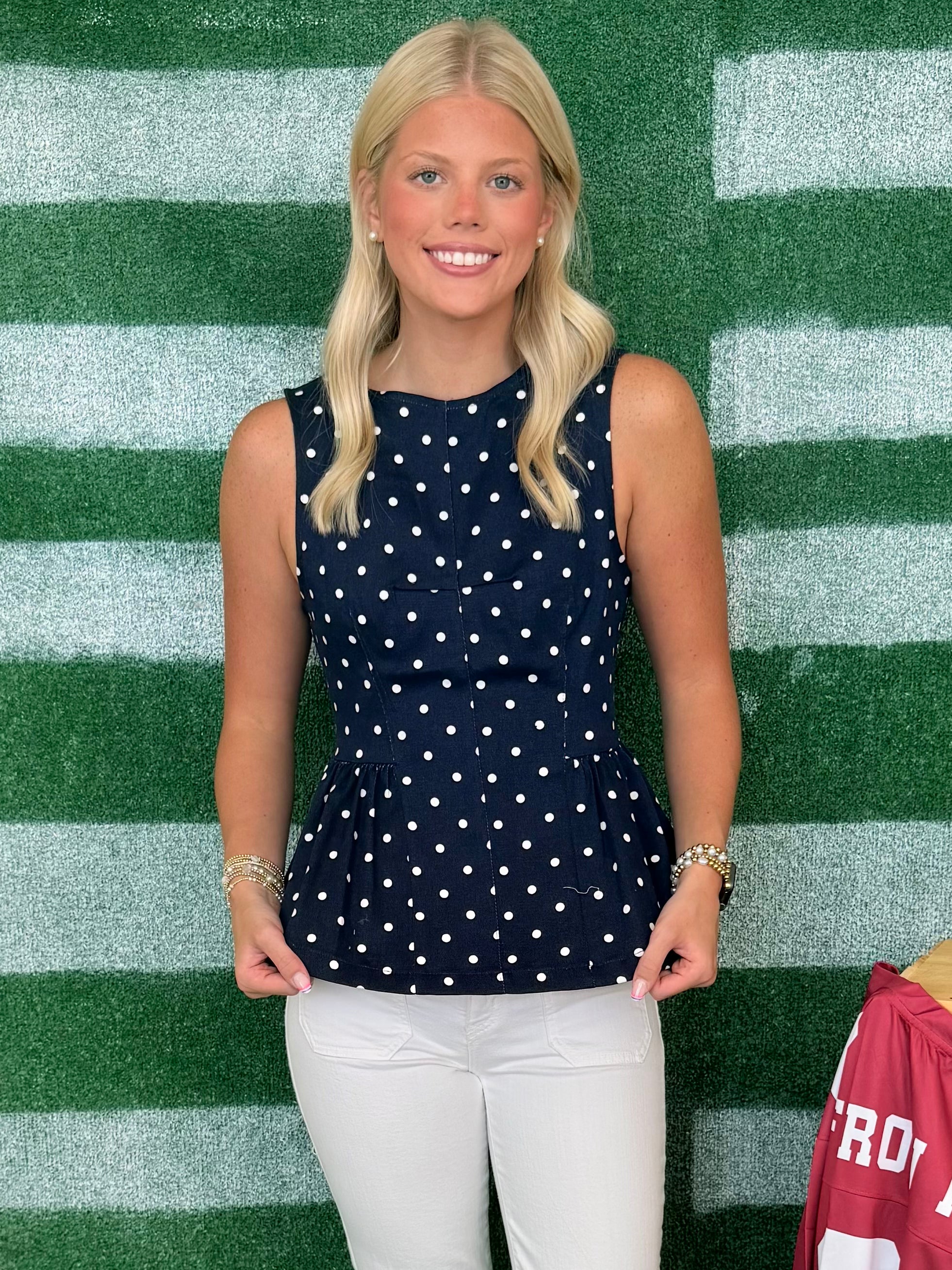 Hometown Spirit Navy/White Polka Dot Peplum Top-Shop-Womens-Boutique-Clothing