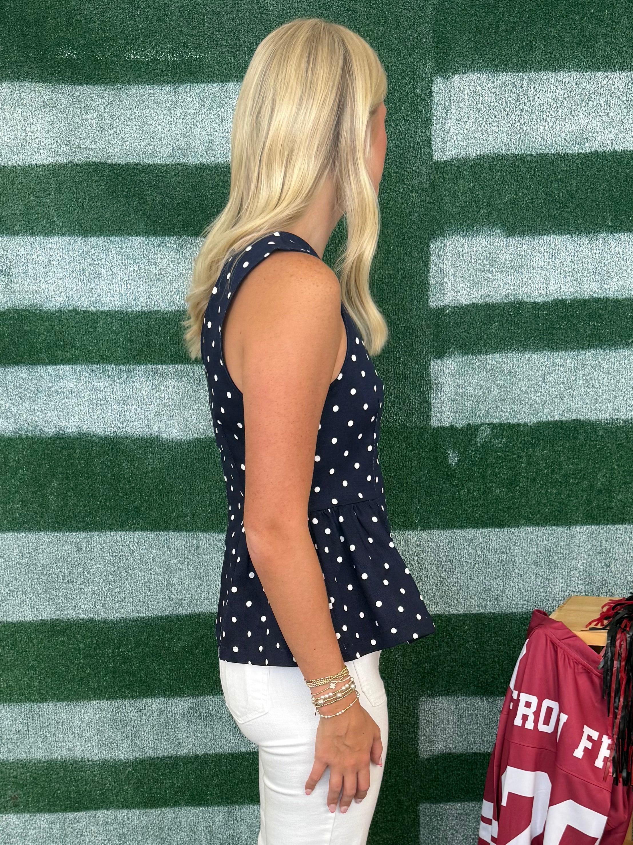 Hometown Spirit Navy/White Polka Dot Peplum Top-Shop-Womens-Boutique-Clothing