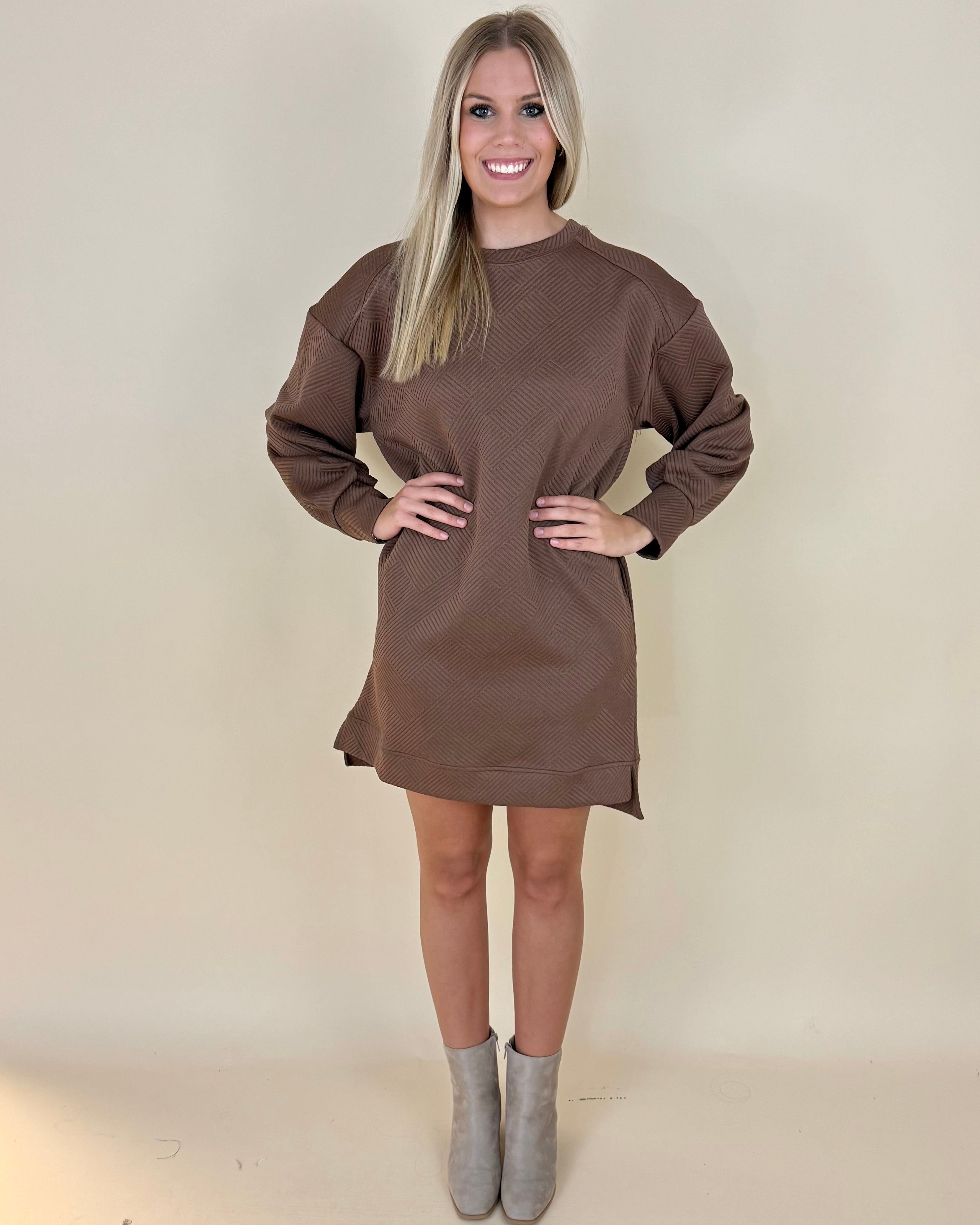 Mixed Feelings Cocoa Textured Dress-Shop-Womens-Boutique-Clothing