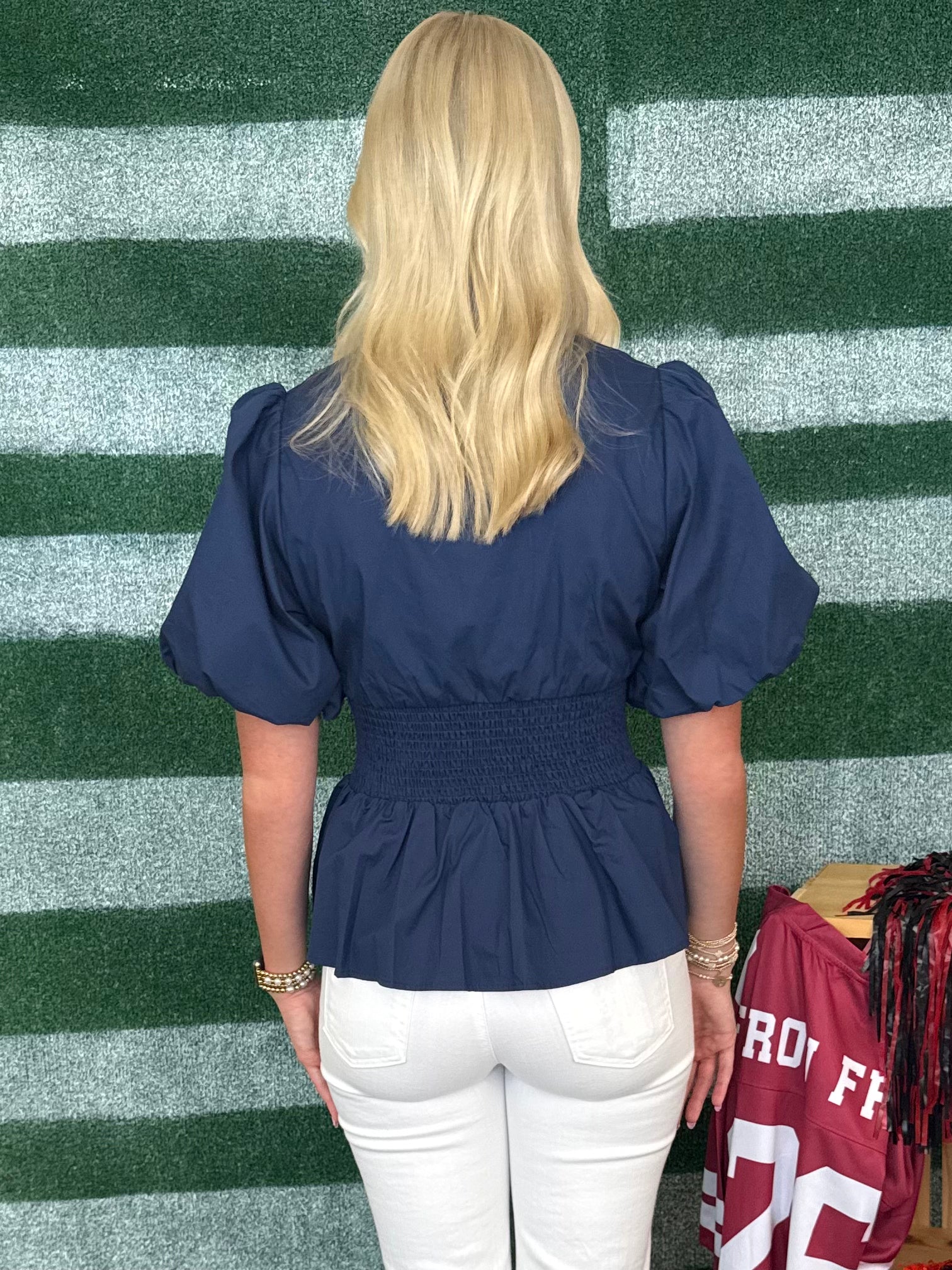Victory Lap Navy Smocked Front Zip Top-Shop-Womens-Boutique-Clothing