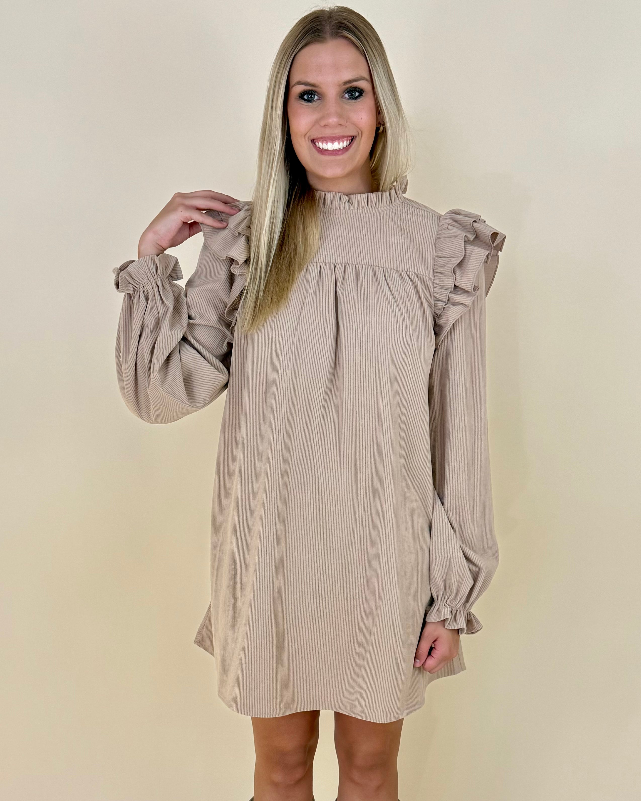 Give Back Taupe Corduroy Ruffle Dress-Shop-Womens-Boutique-Clothing