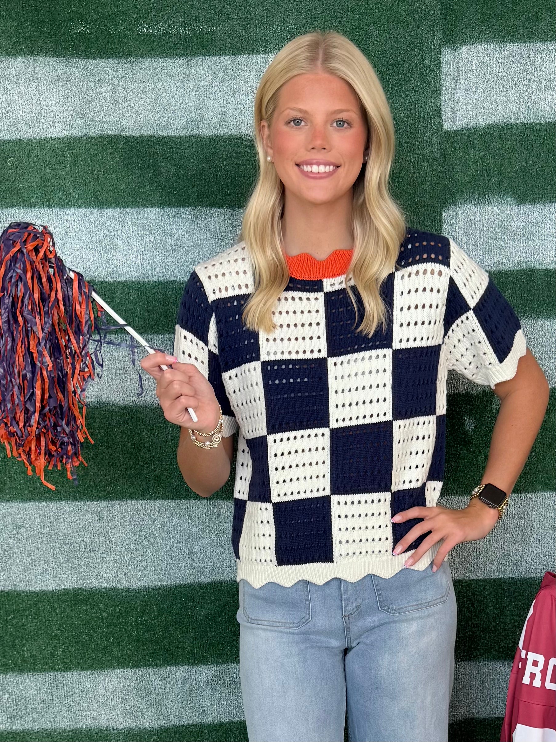 Fan Favorite Navy Mix Checkered Scalloped Top-Shop-Womens-Boutique-Clothing