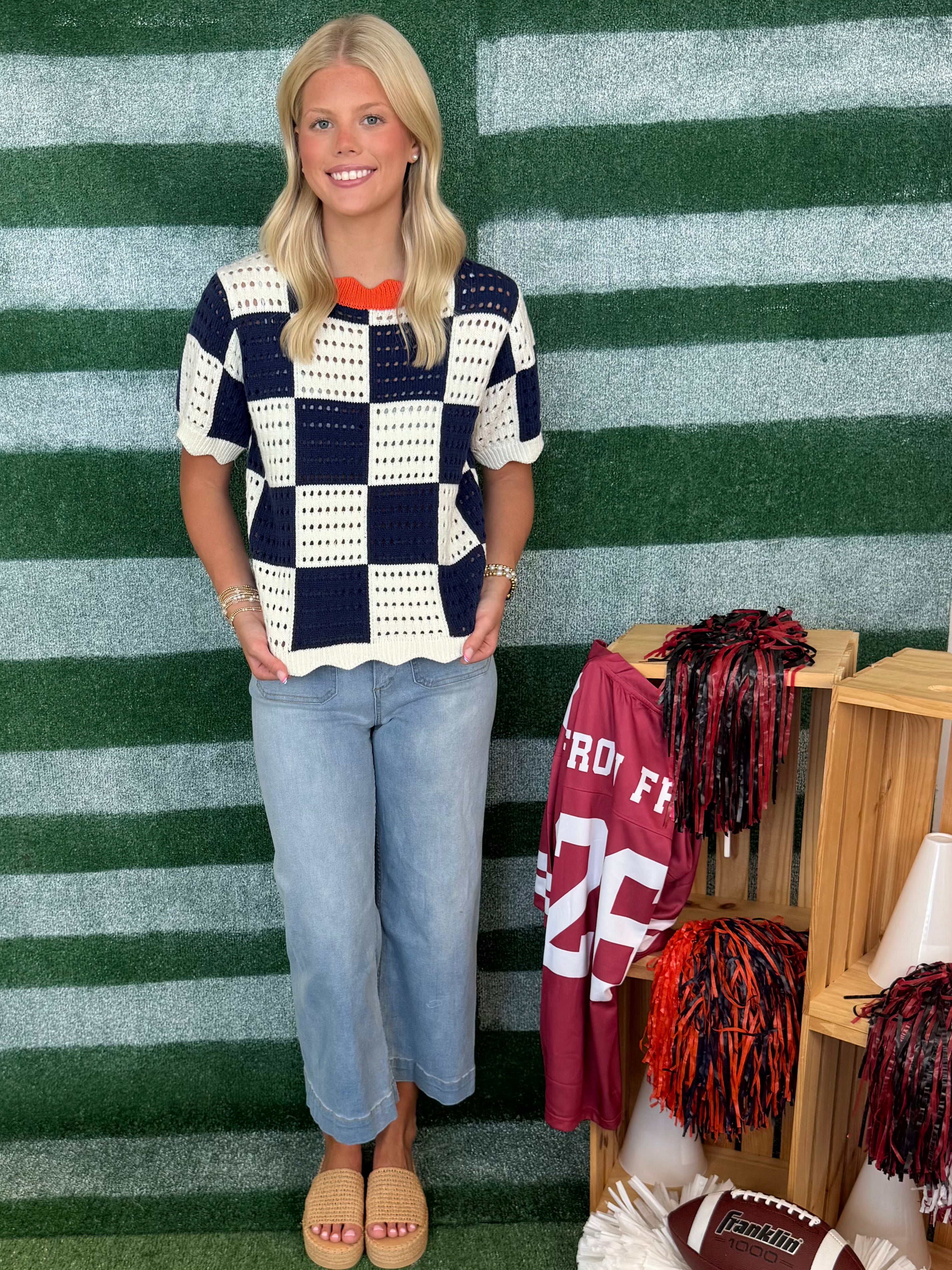 Fan Favorite Navy Mix Checkered Scalloped Top-Shop-Womens-Boutique-Clothing