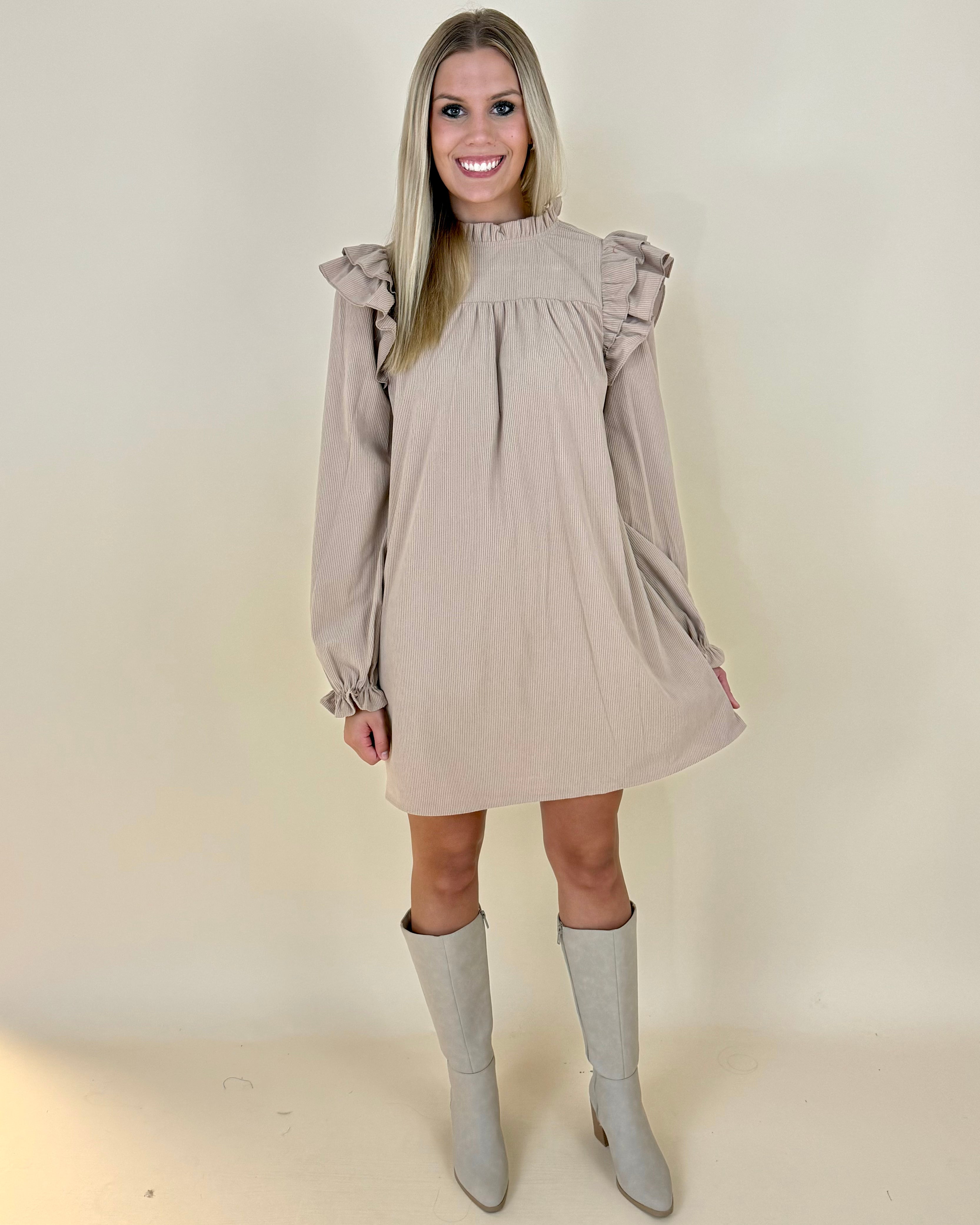 Give Back Taupe Corduroy Ruffle Dress-Shop-Womens-Boutique-Clothing