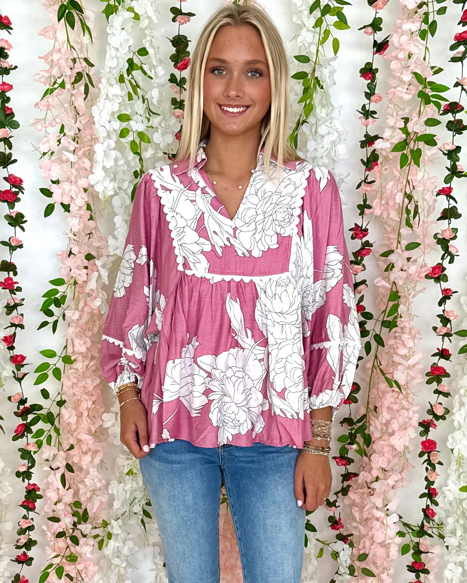 Heating Up Pink Floral Ric Rac Top-Shop-Womens-Boutique-Clothing