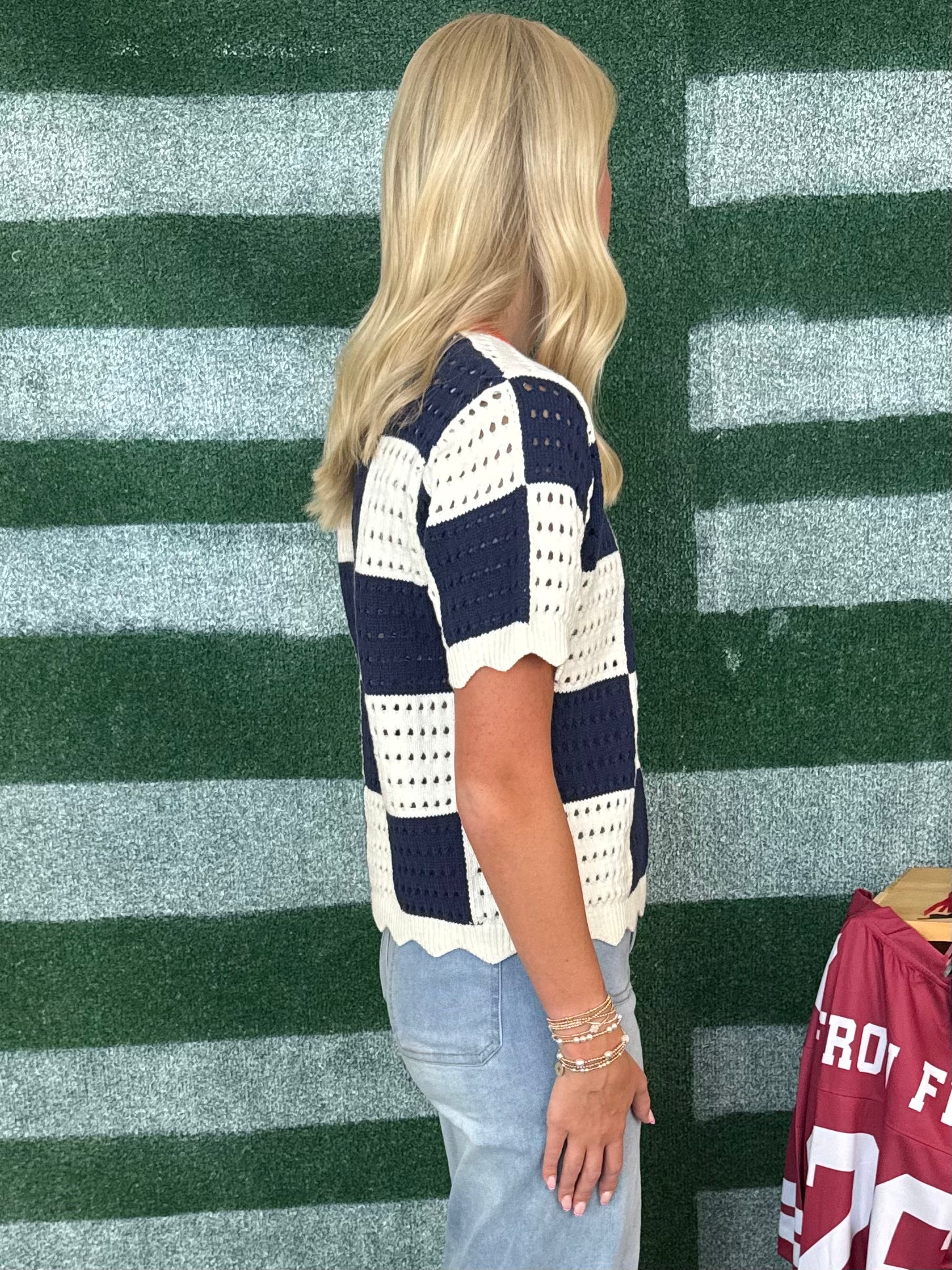 Fan Favorite Navy Mix Checkered Scalloped Top-Shop-Womens-Boutique-Clothing