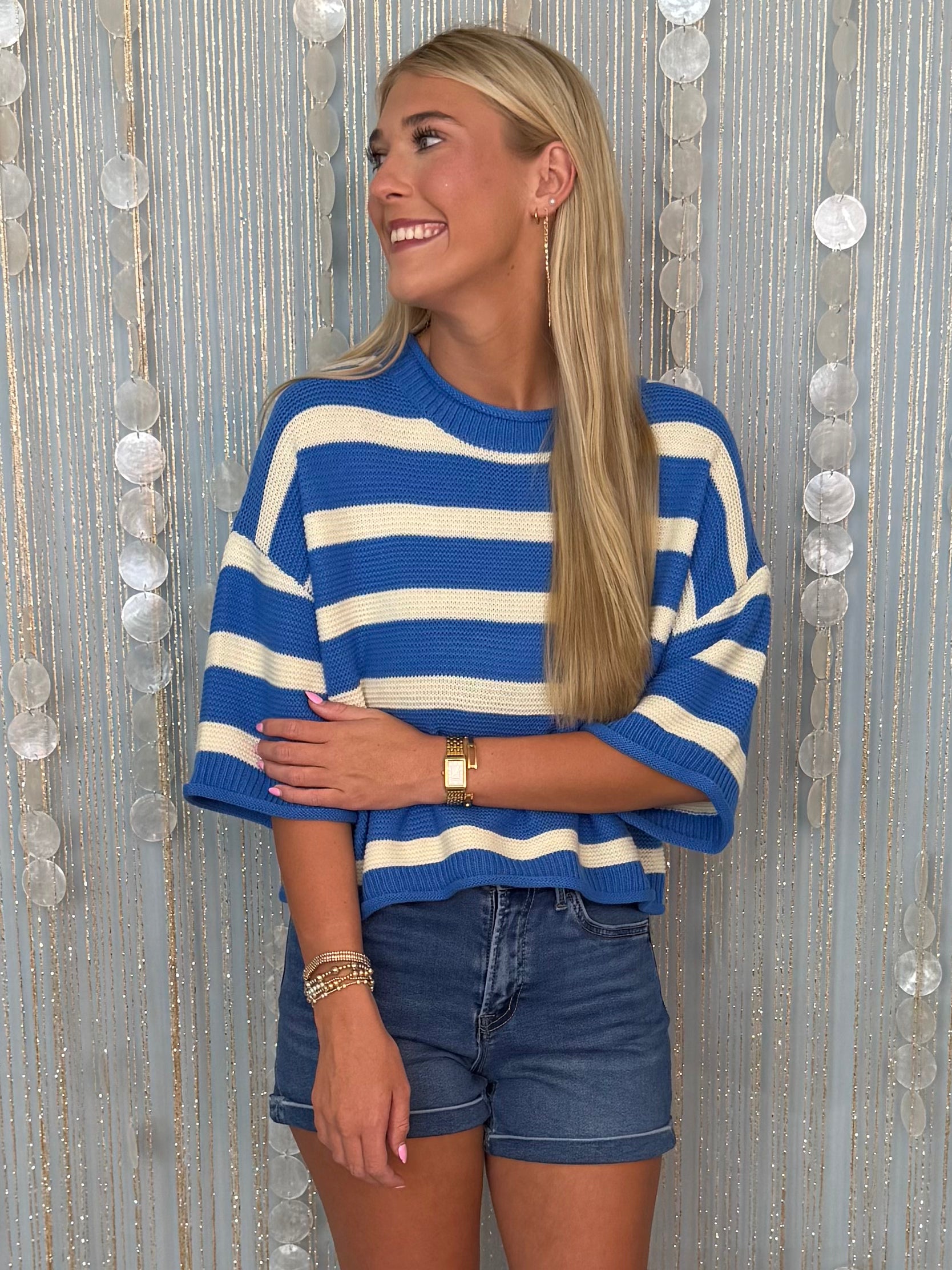 Lovely Obsession Blue 3/4 Sleeve Stripe Sweater-Shop-Womens-Boutique-Clothing