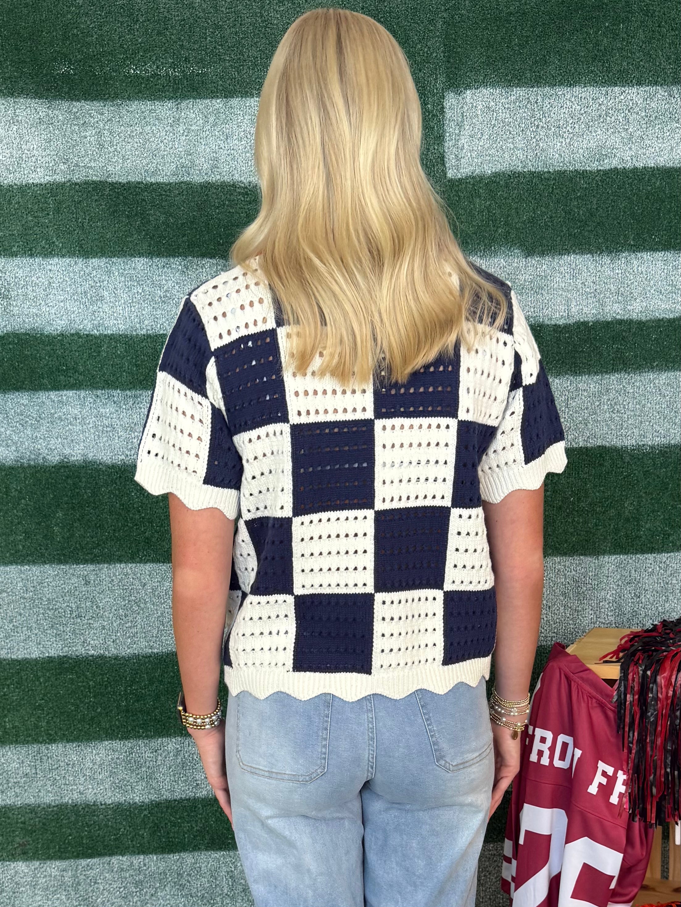 Fan Favorite Navy Mix Checkered Scalloped Top-Shop-Womens-Boutique-Clothing