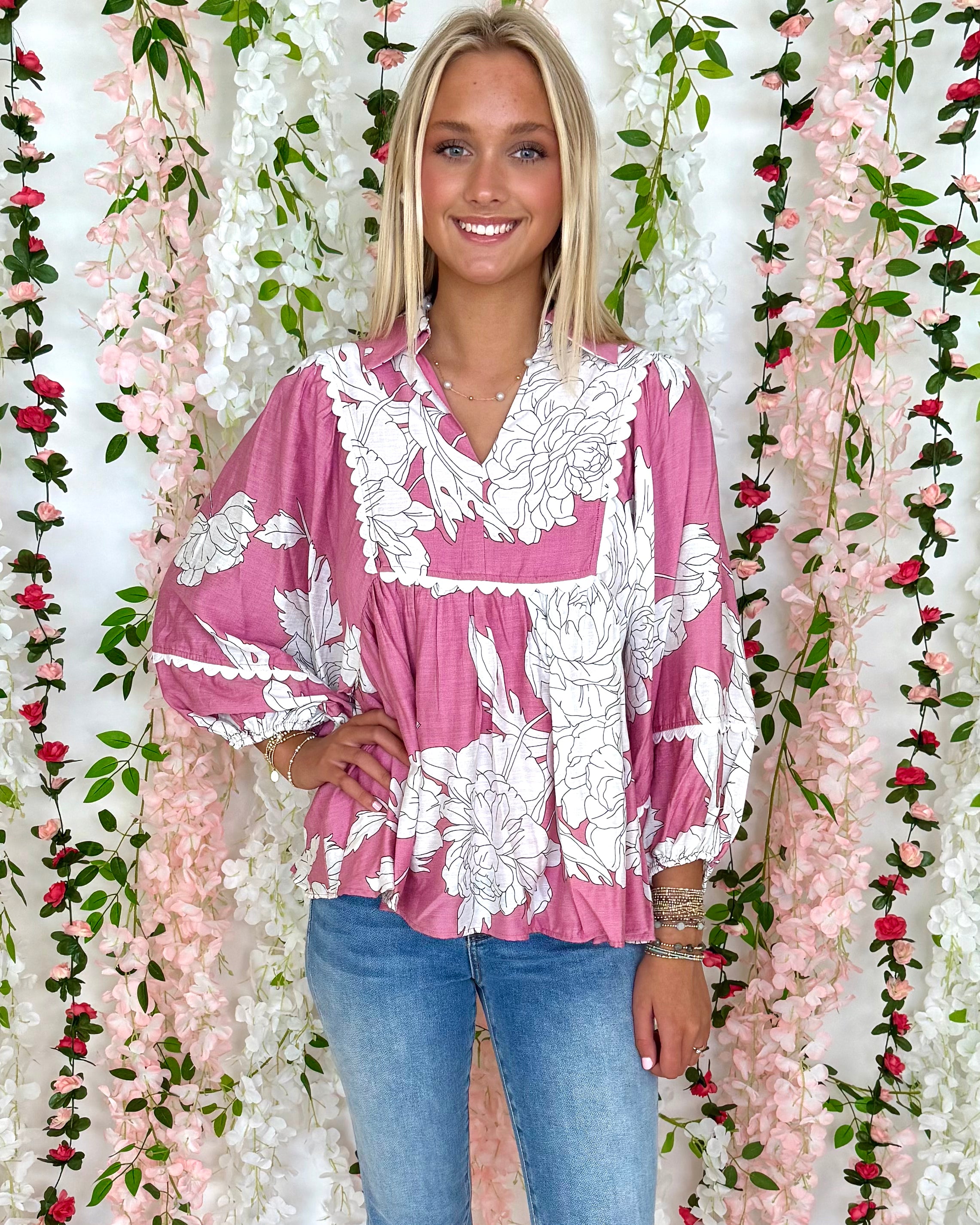 Heating Up Pink Floral Ric Rac Top-Shop-Womens-Boutique-Clothing