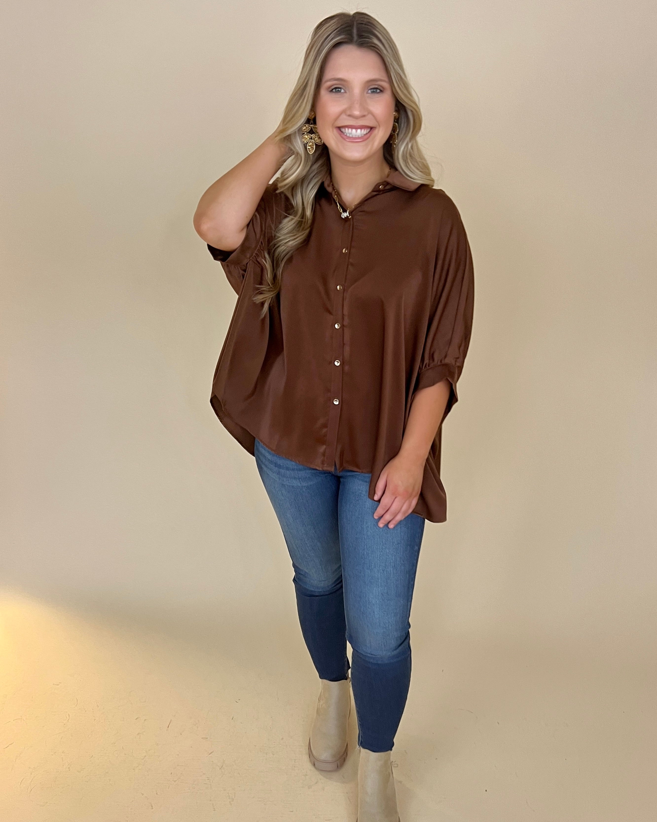 All Up To You Brown Satin Button Down Top-Shop-Womens-Boutique-Clothing