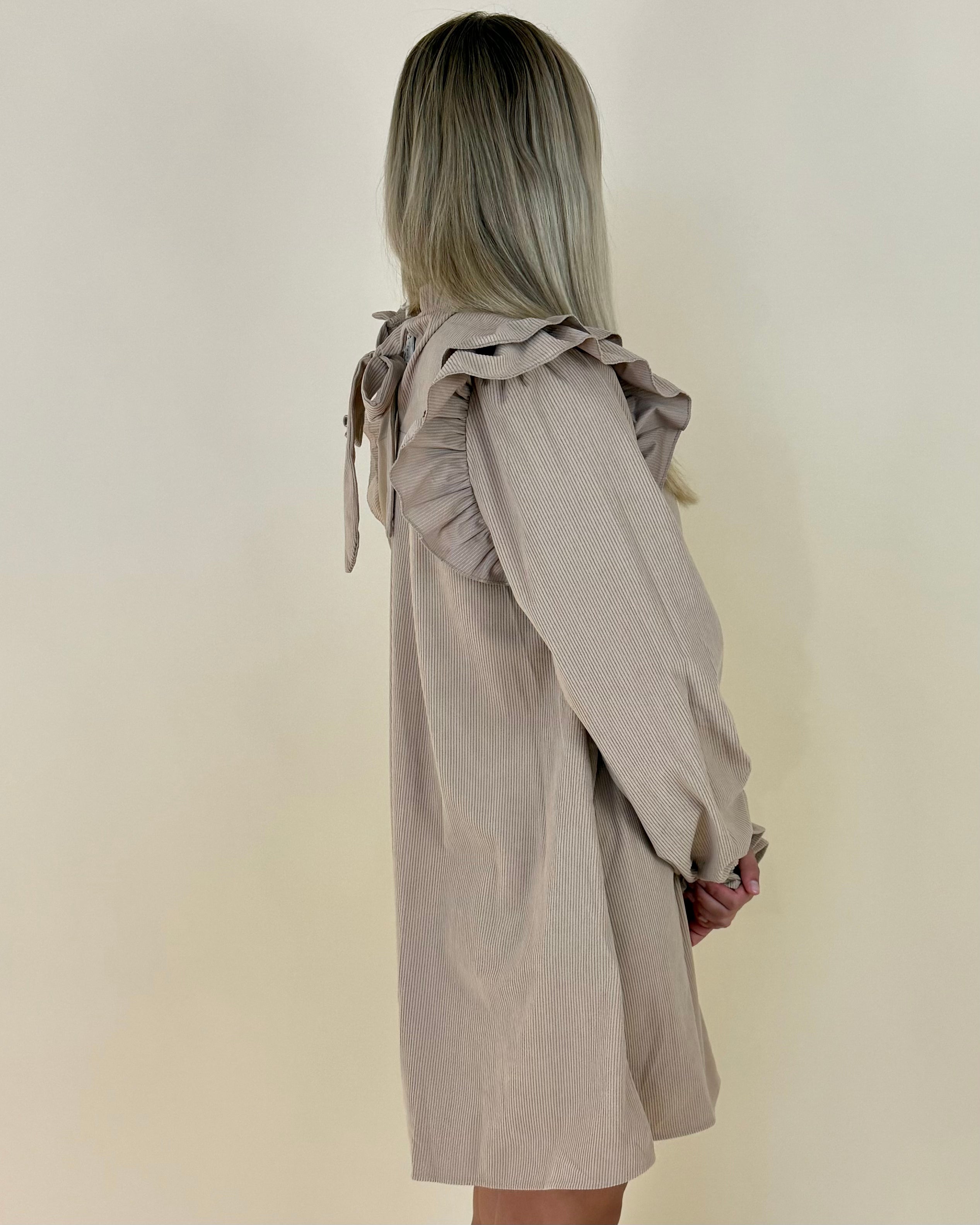 Give Back Taupe Corduroy Ruffle Dress-Shop-Womens-Boutique-Clothing