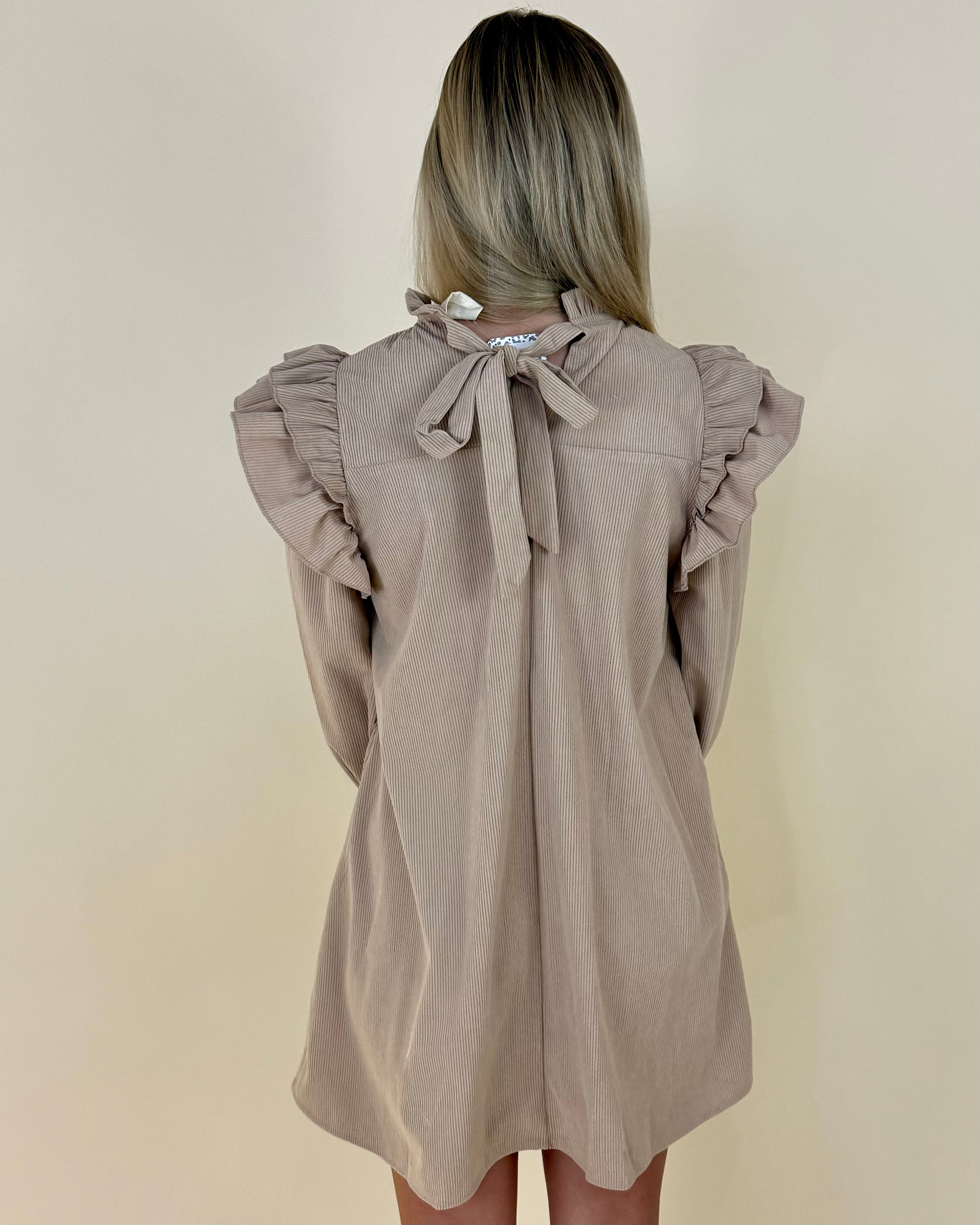 Give Back Taupe Corduroy Ruffle Dress-Shop-Womens-Boutique-Clothing