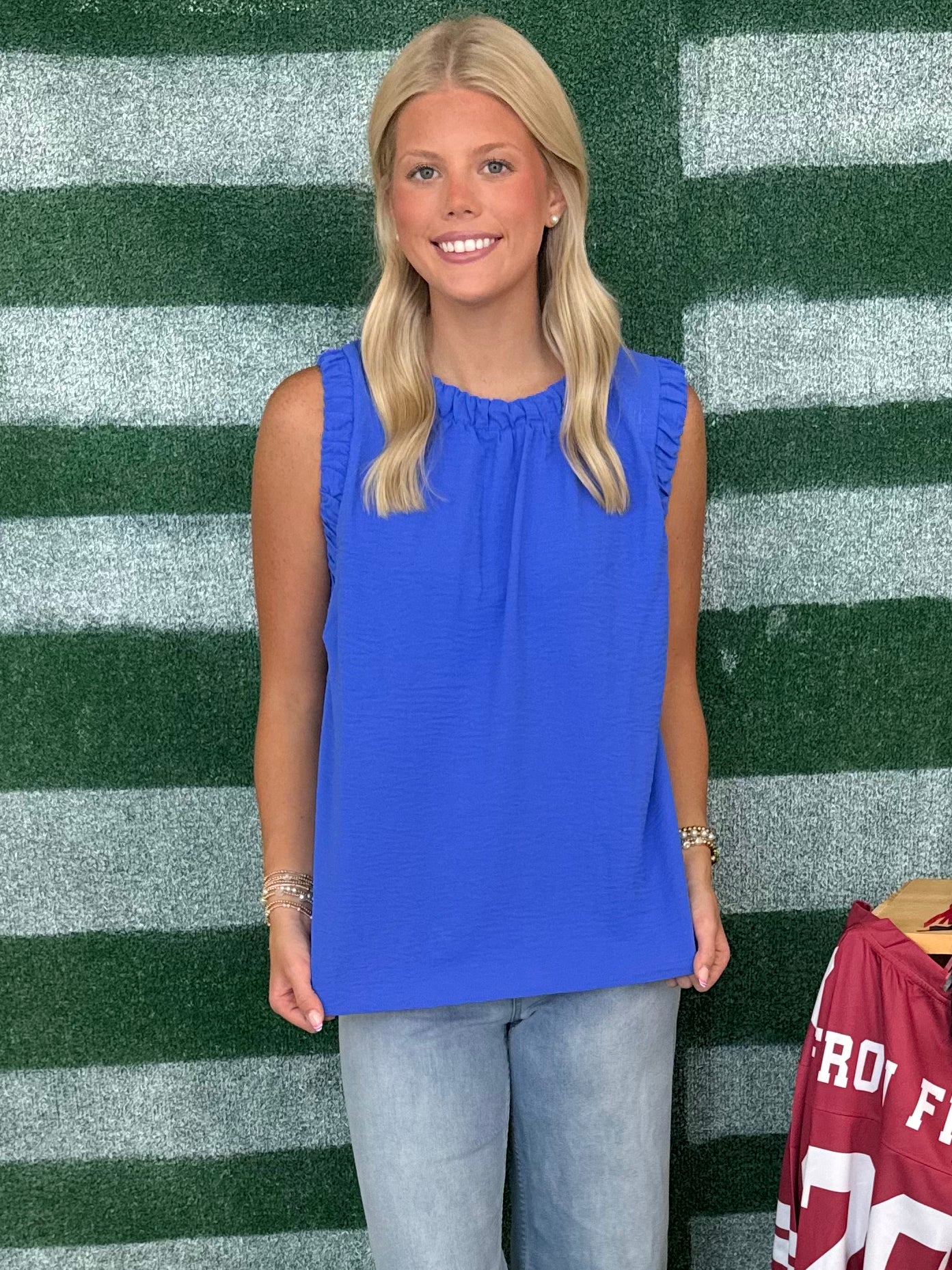 Friday Feels Sapphire Ruffle Neck Sleeveless Top-Shop-Womens-Boutique-Clothing
