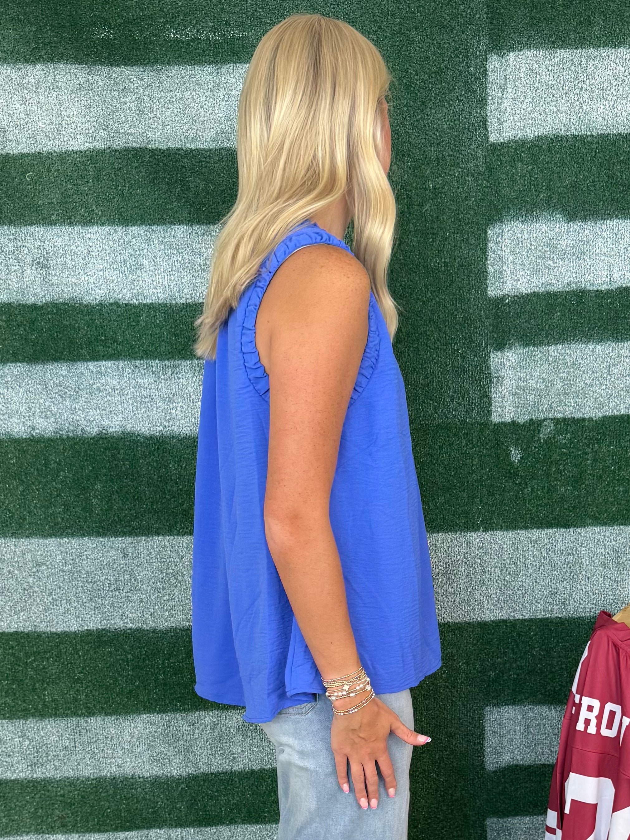 Friday Feels Sapphire Ruffle Neck Sleeveless Top-Shop-Womens-Boutique-Clothing