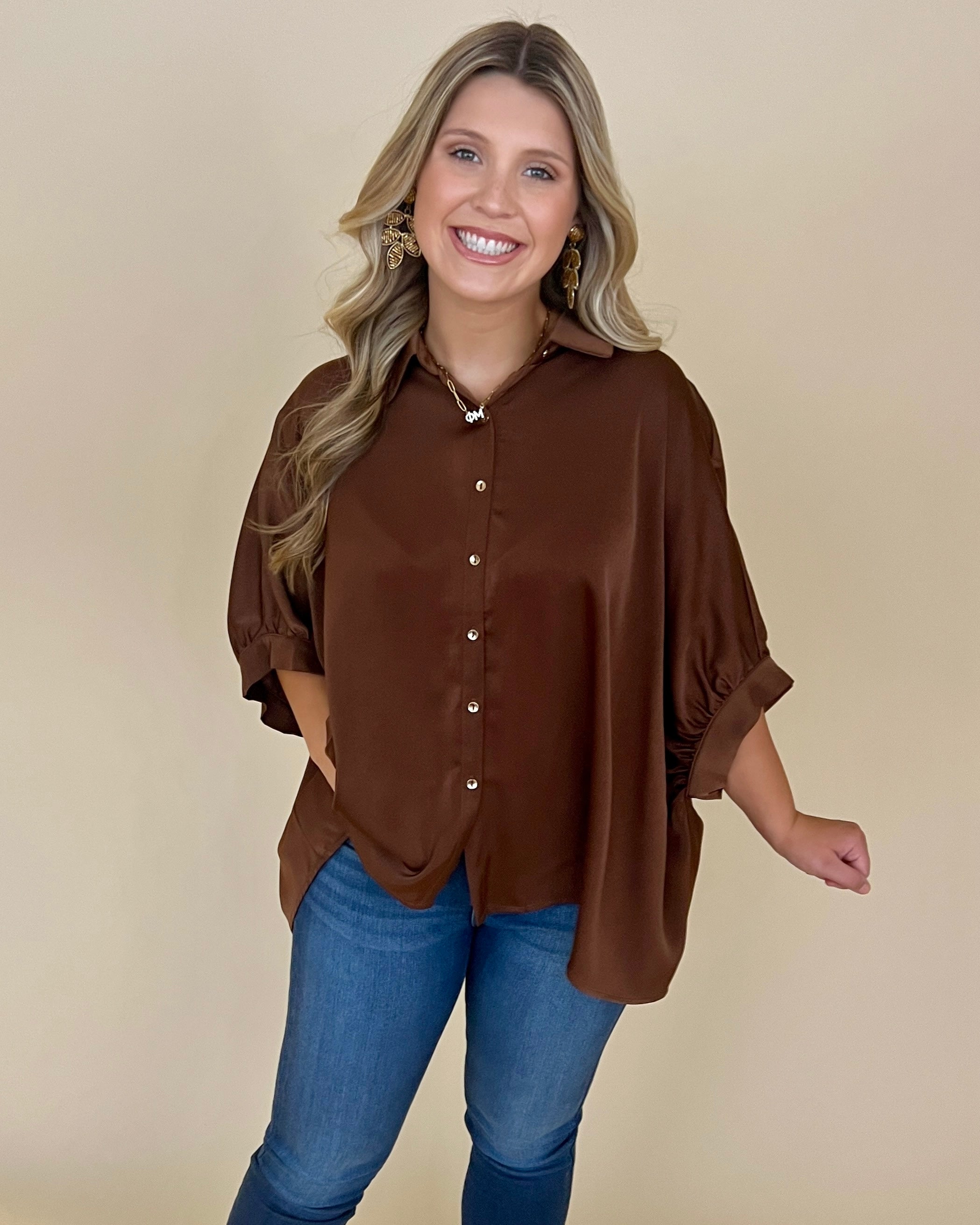 All Up To You Brown Satin Button Down Top-Shop-Womens-Boutique-Clothing