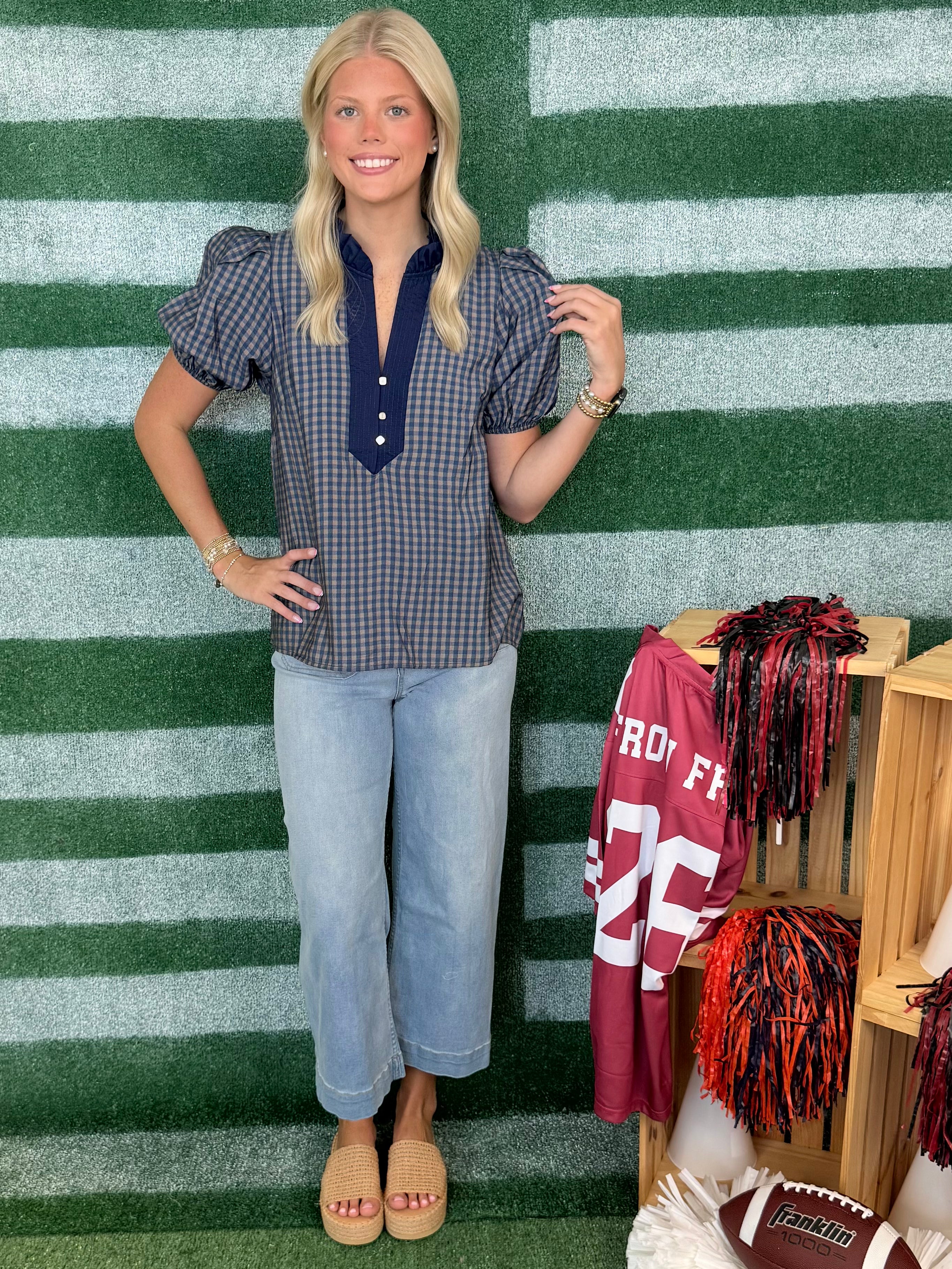 By Chance Navy Gingham Button Puff Sleeve Top-Shop-Womens-Boutique-Clothing