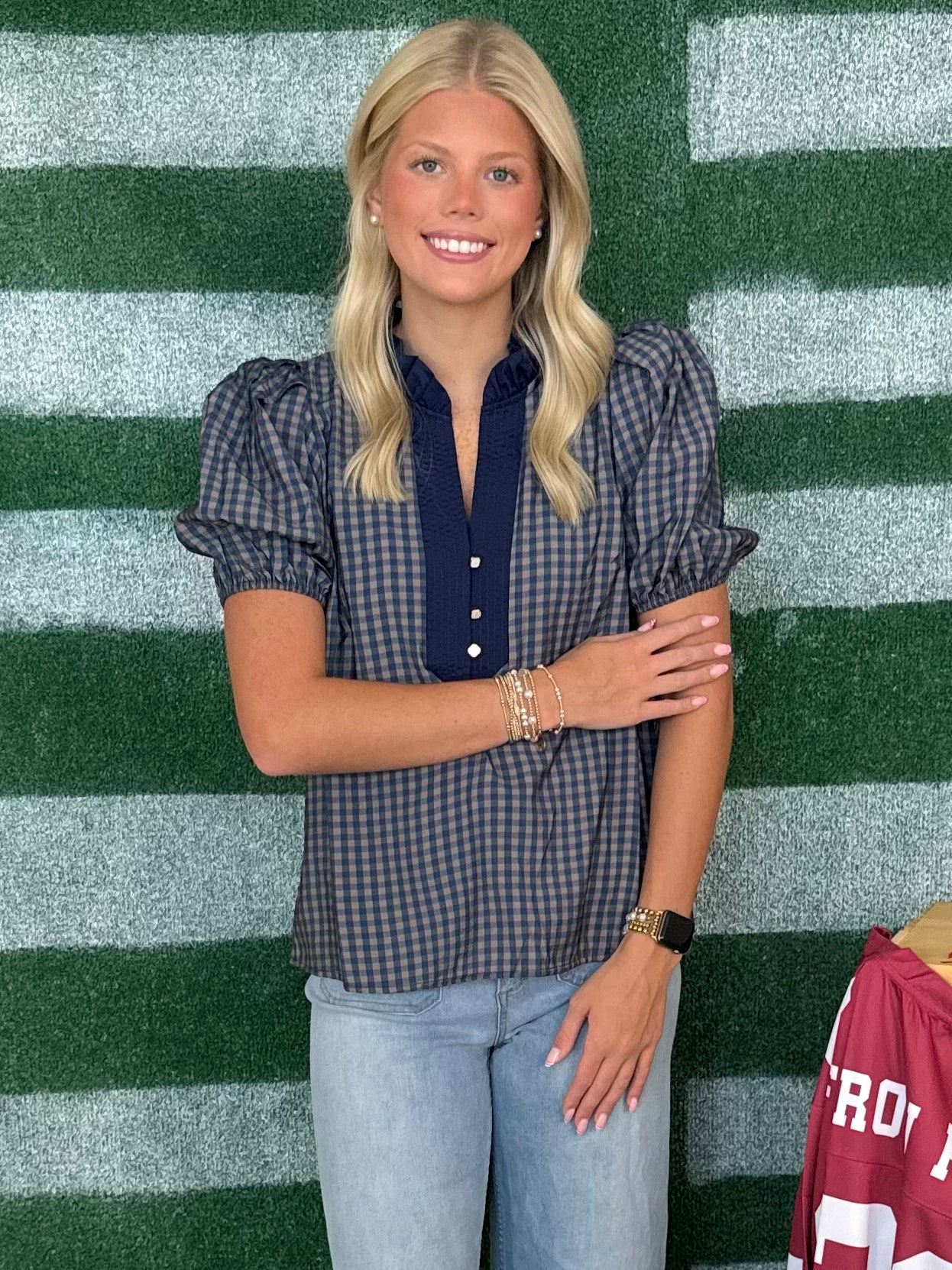 By Chance Navy Gingham Button Puff Sleeve Top-Shop-Womens-Boutique-Clothing