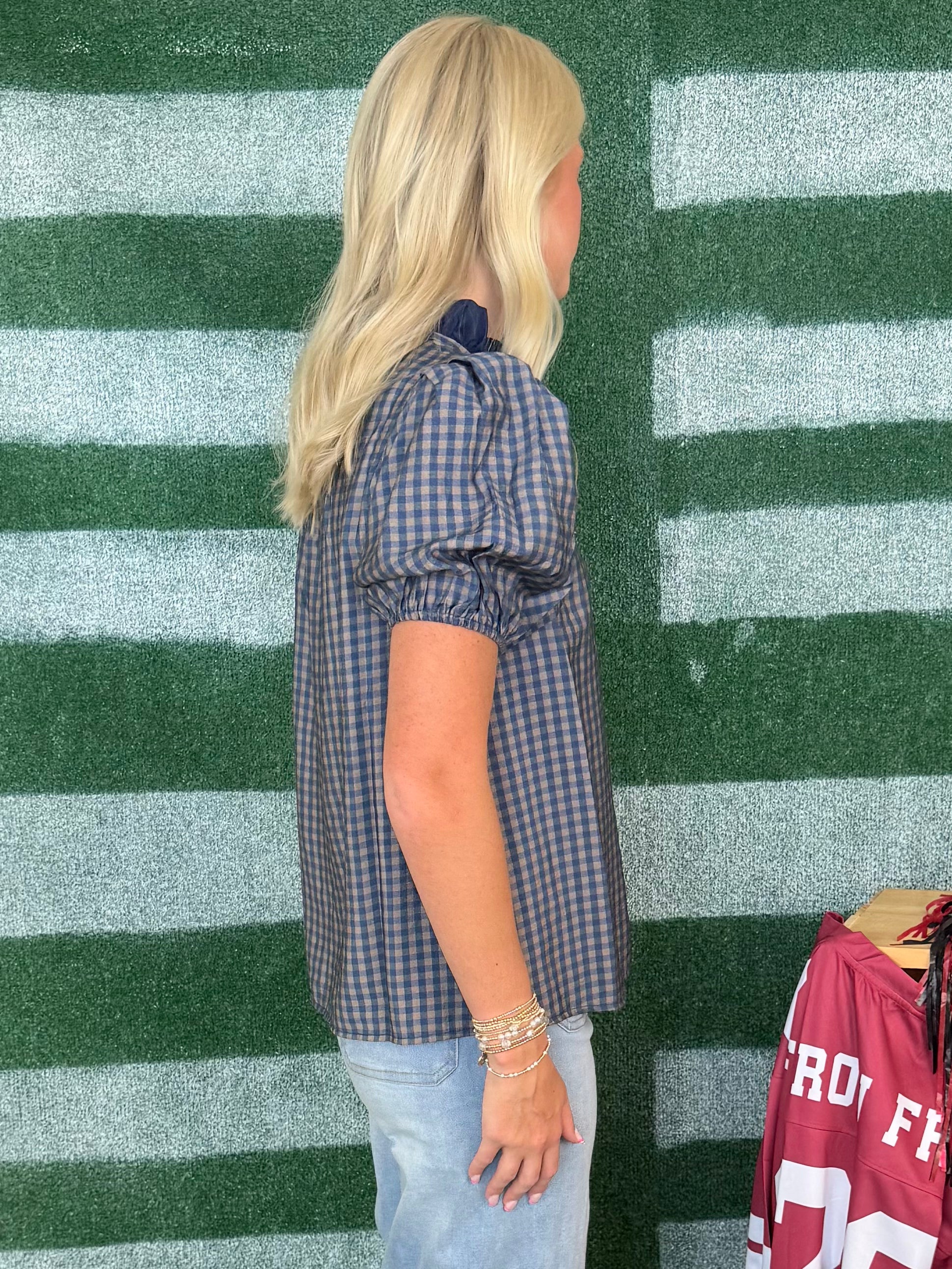 By Chance Navy Gingham Button Puff Sleeve Top-Shop-Womens-Boutique-Clothing