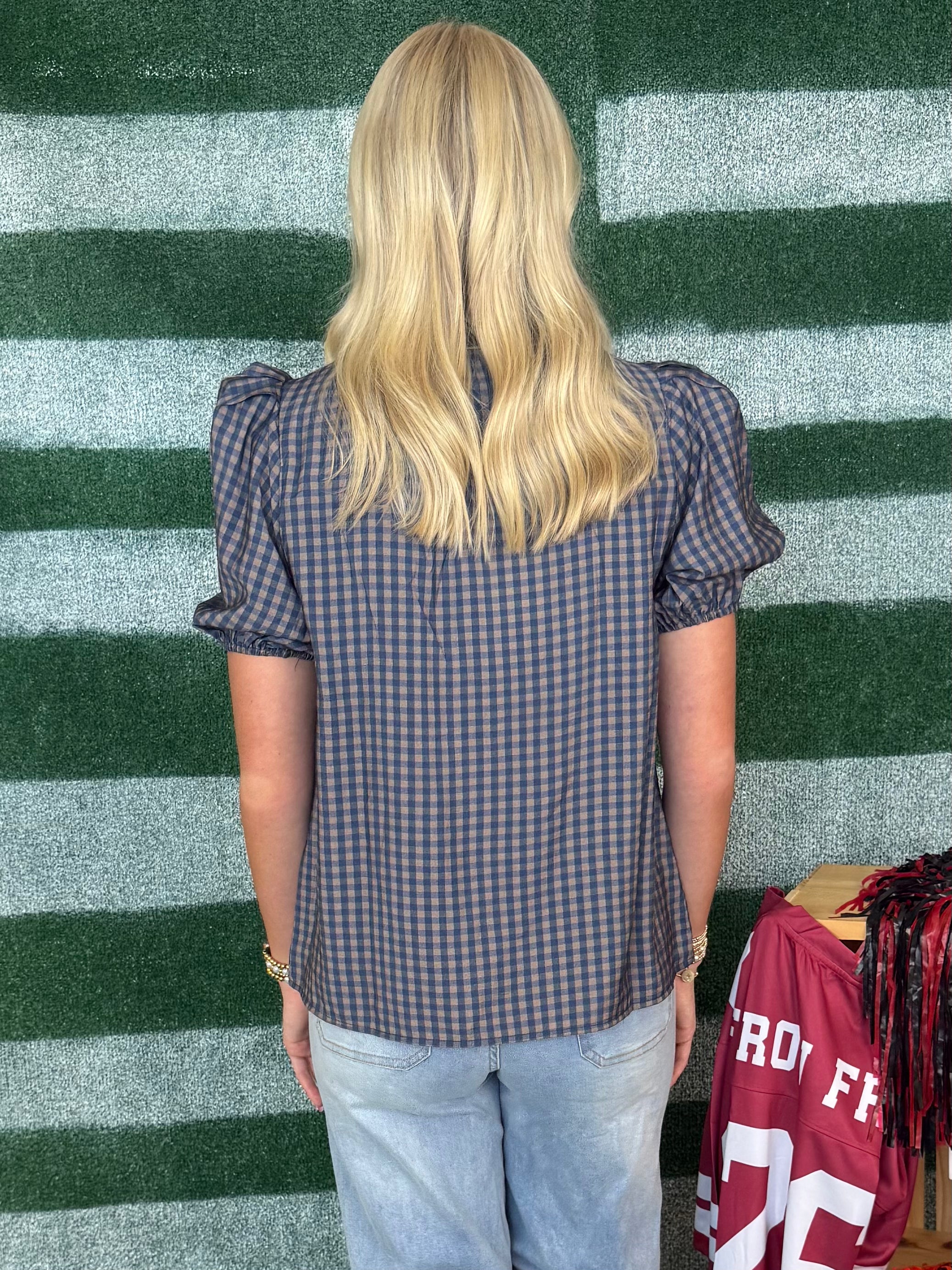 By Chance Navy Gingham Button Puff Sleeve Top-Shop-Womens-Boutique-Clothing