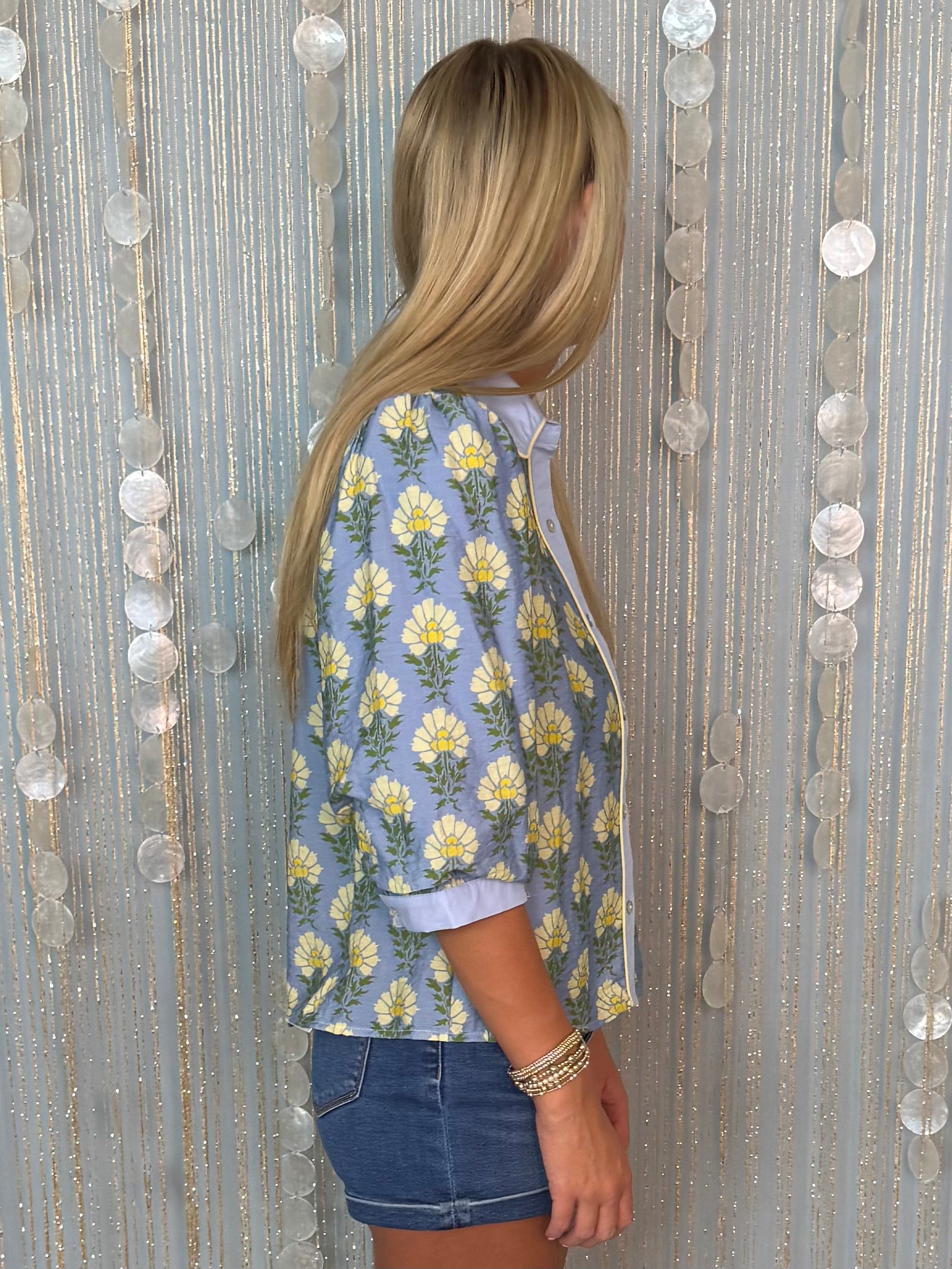 Created Beauty Blue/Yellow Floral Collared Top-Shop-Womens-Boutique-Clothing