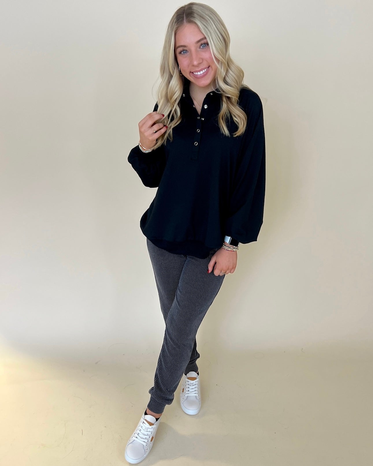 Keep Track Black Collared Sweatshirt-Shop-Womens-Boutique-Clothing