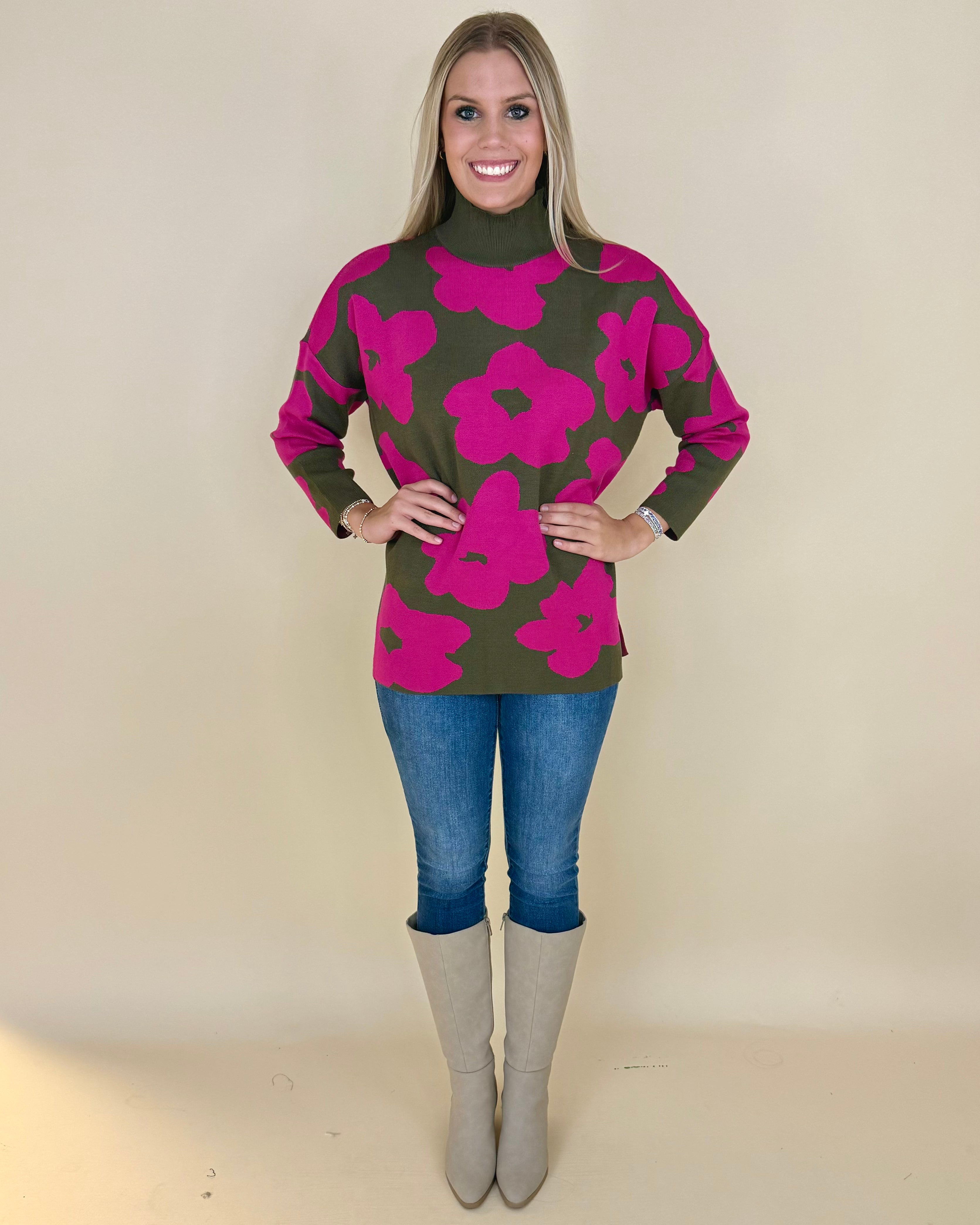 Each Day Olive/Fuchsia Flower Sweater-Shop-Womens-Boutique-Clothing