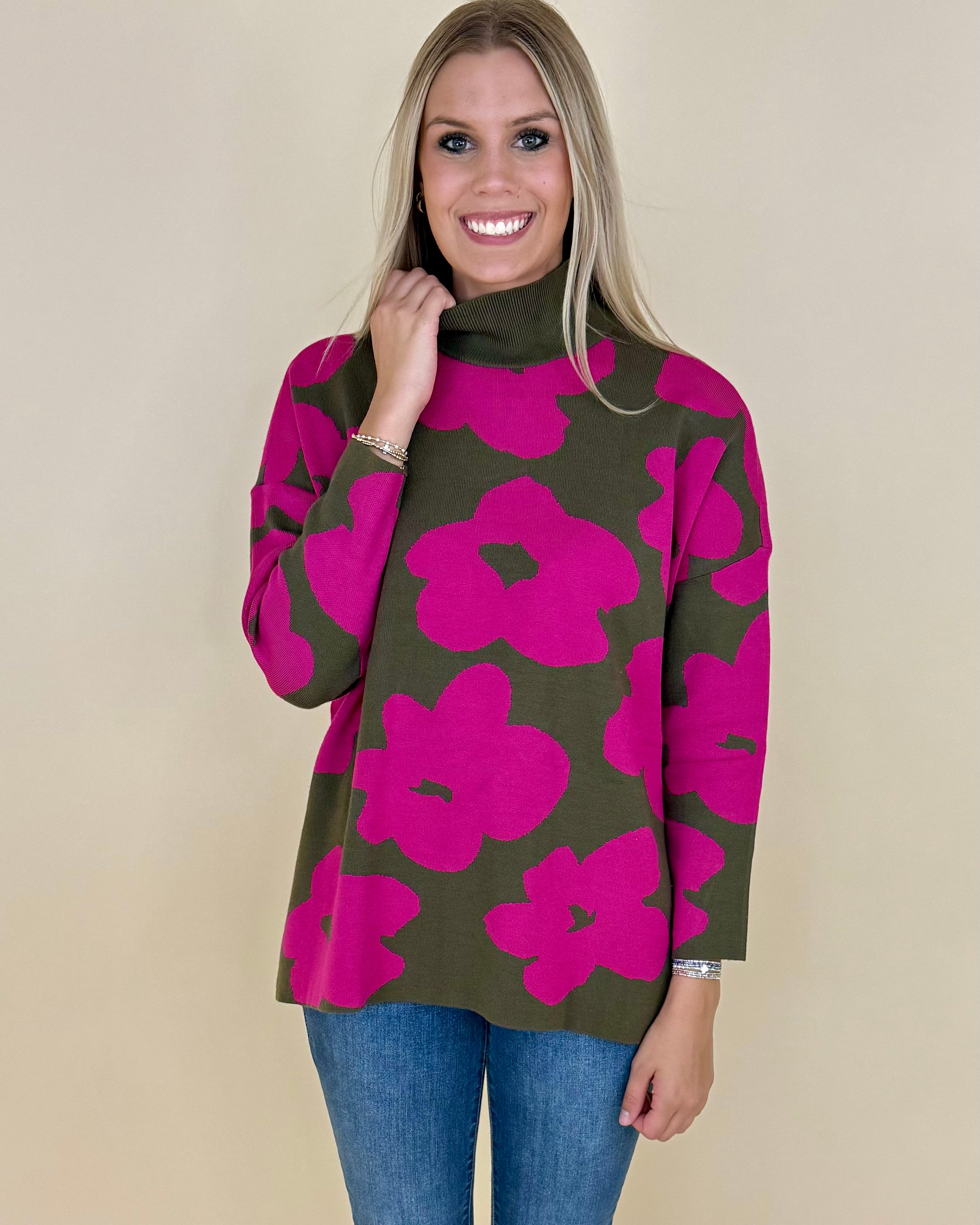 Each Day Olive/Fuchsia Flower Sweater-Shop-Womens-Boutique-Clothing