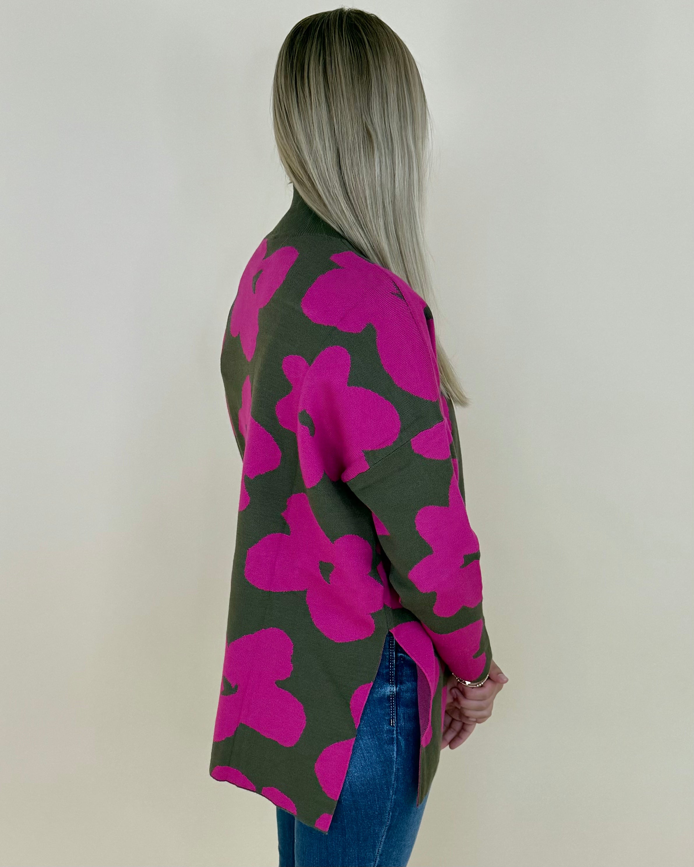 Each Day Olive/Fuchsia Flower Sweater-Shop-Womens-Boutique-Clothing