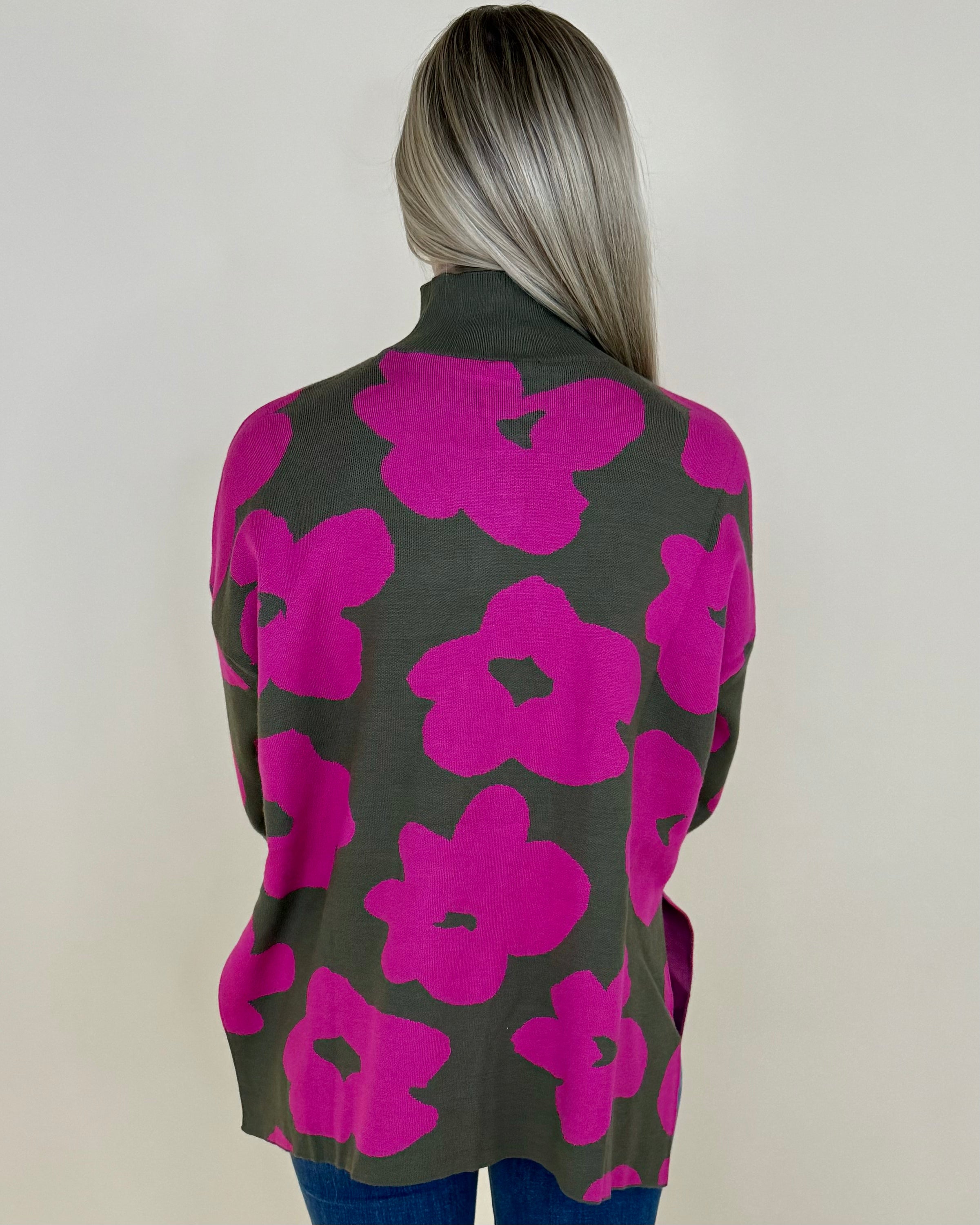 Each Day Olive/Fuchsia Flower Sweater-Shop-Womens-Boutique-Clothing