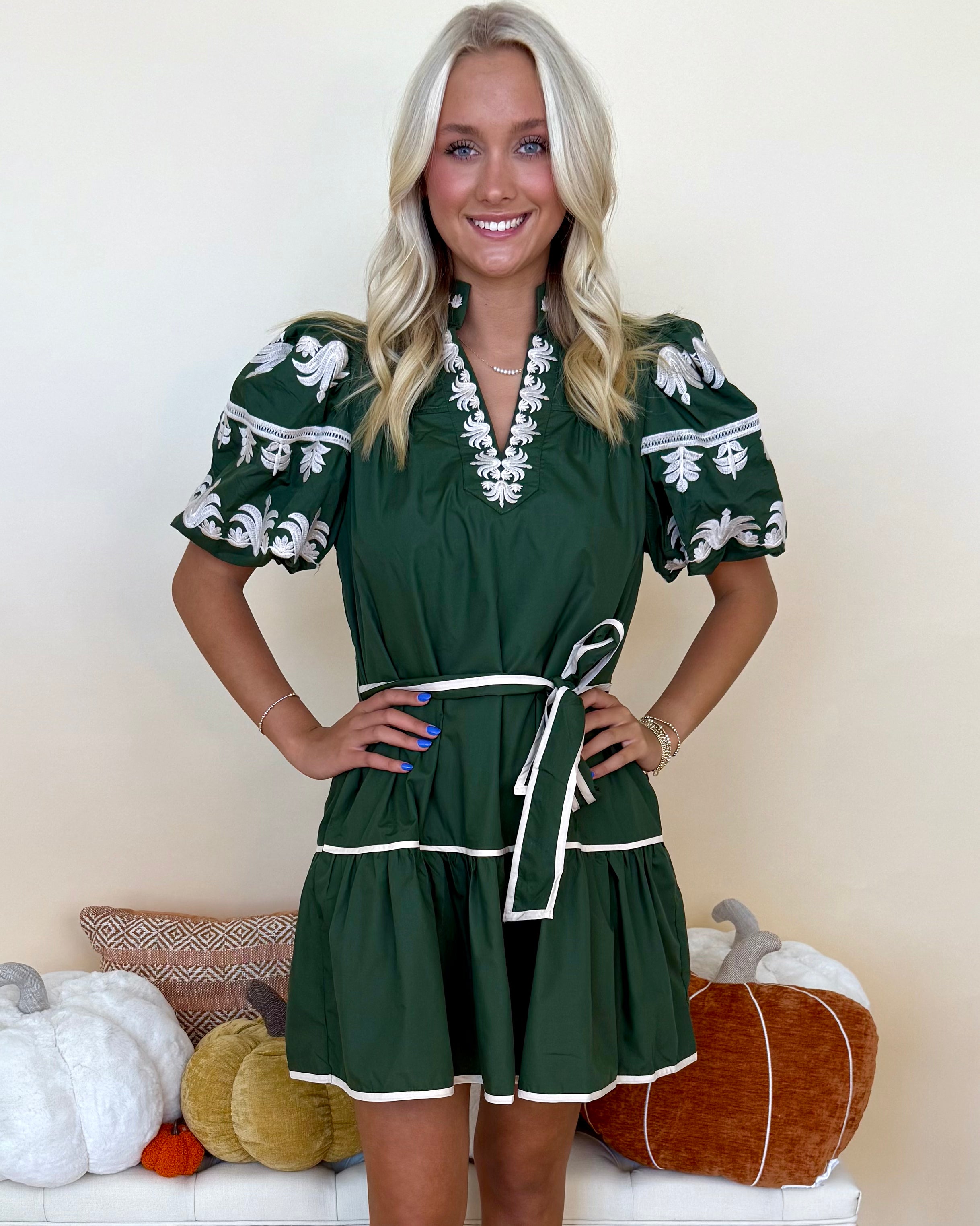 City Sleek Dark Green Embroidered Dress-Shop-Womens-Boutique-Clothing