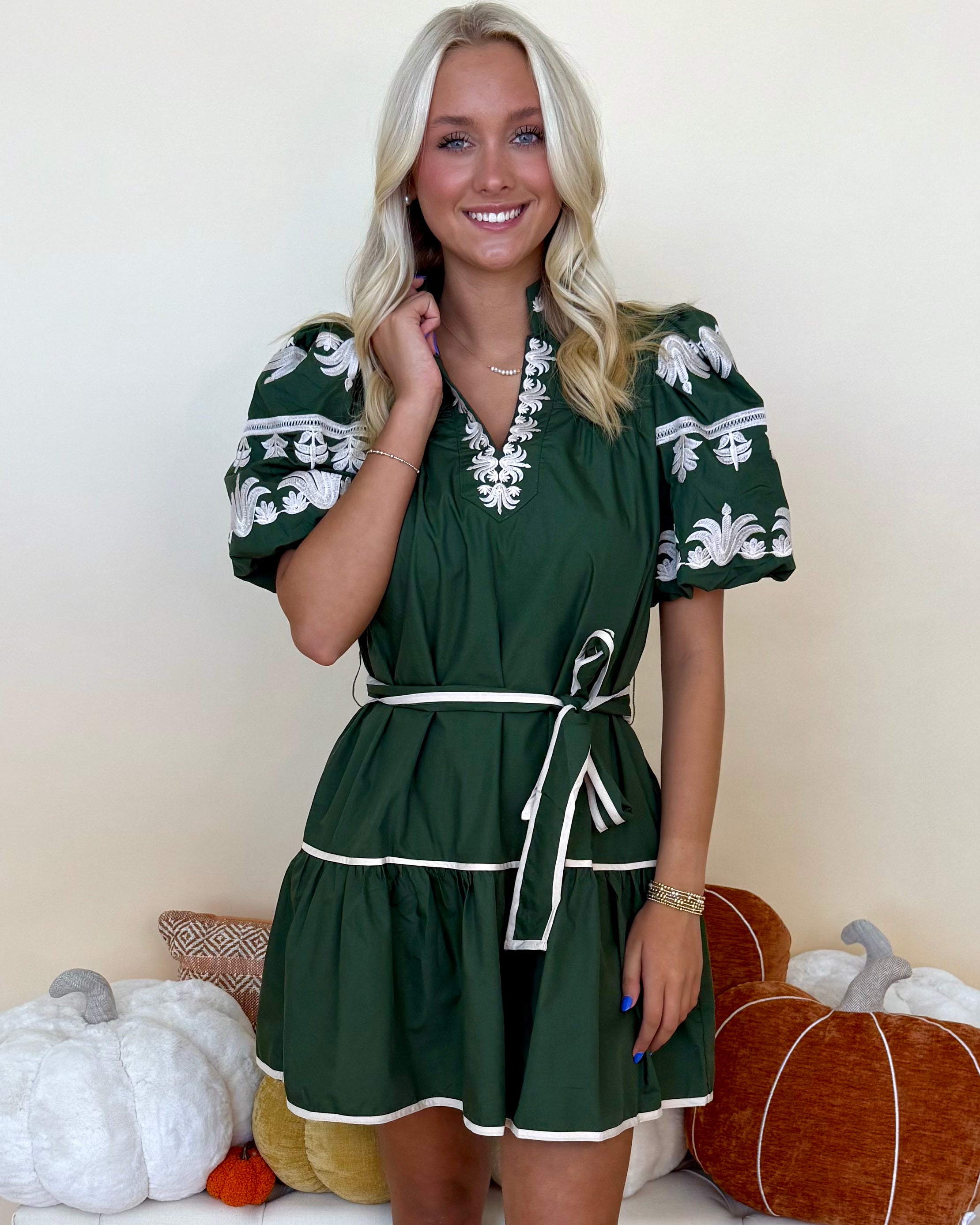 City Sleek Dark Green Embroidered Dress-Shop-Womens-Boutique-Clothing