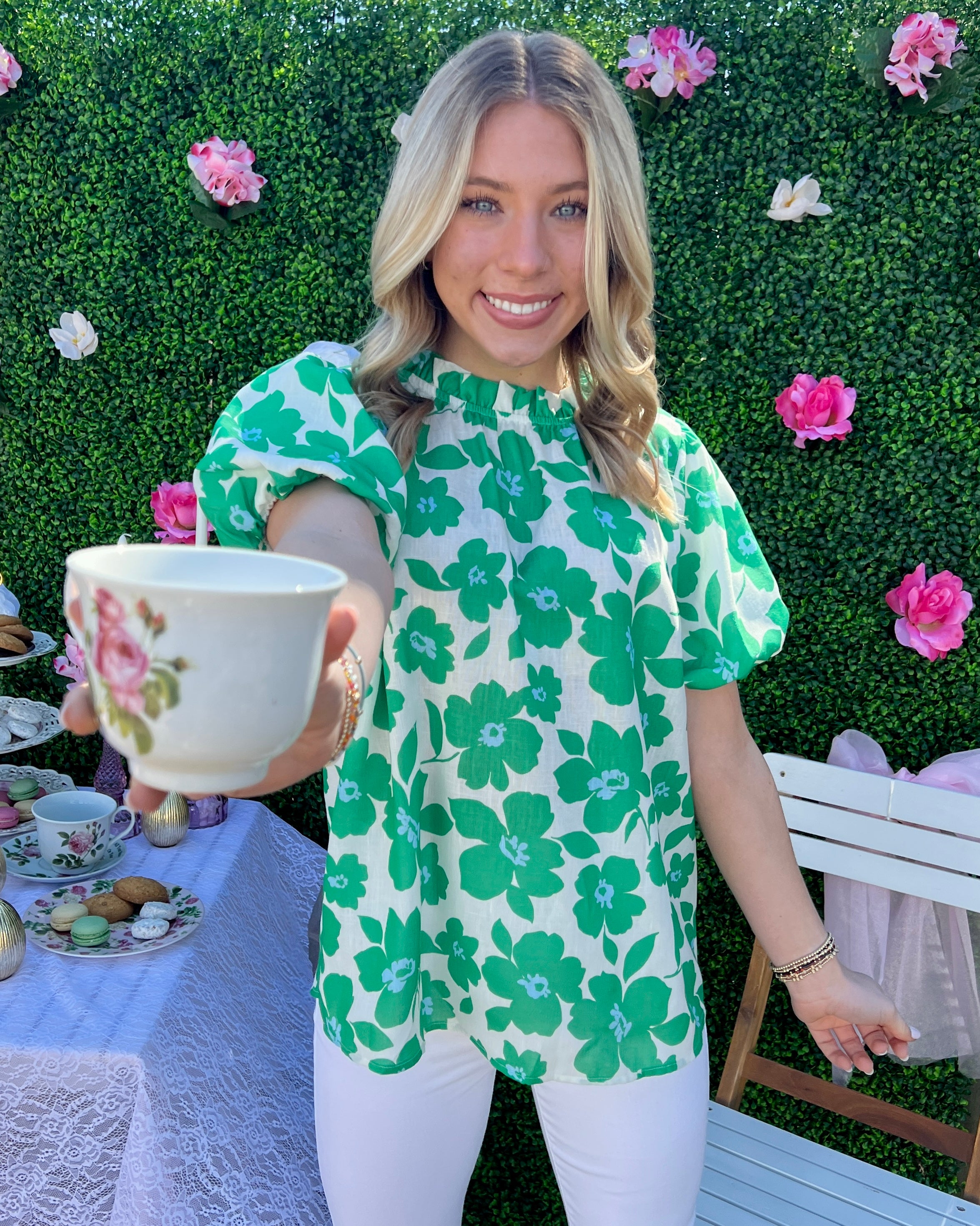 Thank Me Later Green Floral Puff Top-Shop-Womens-Boutique-Clothing