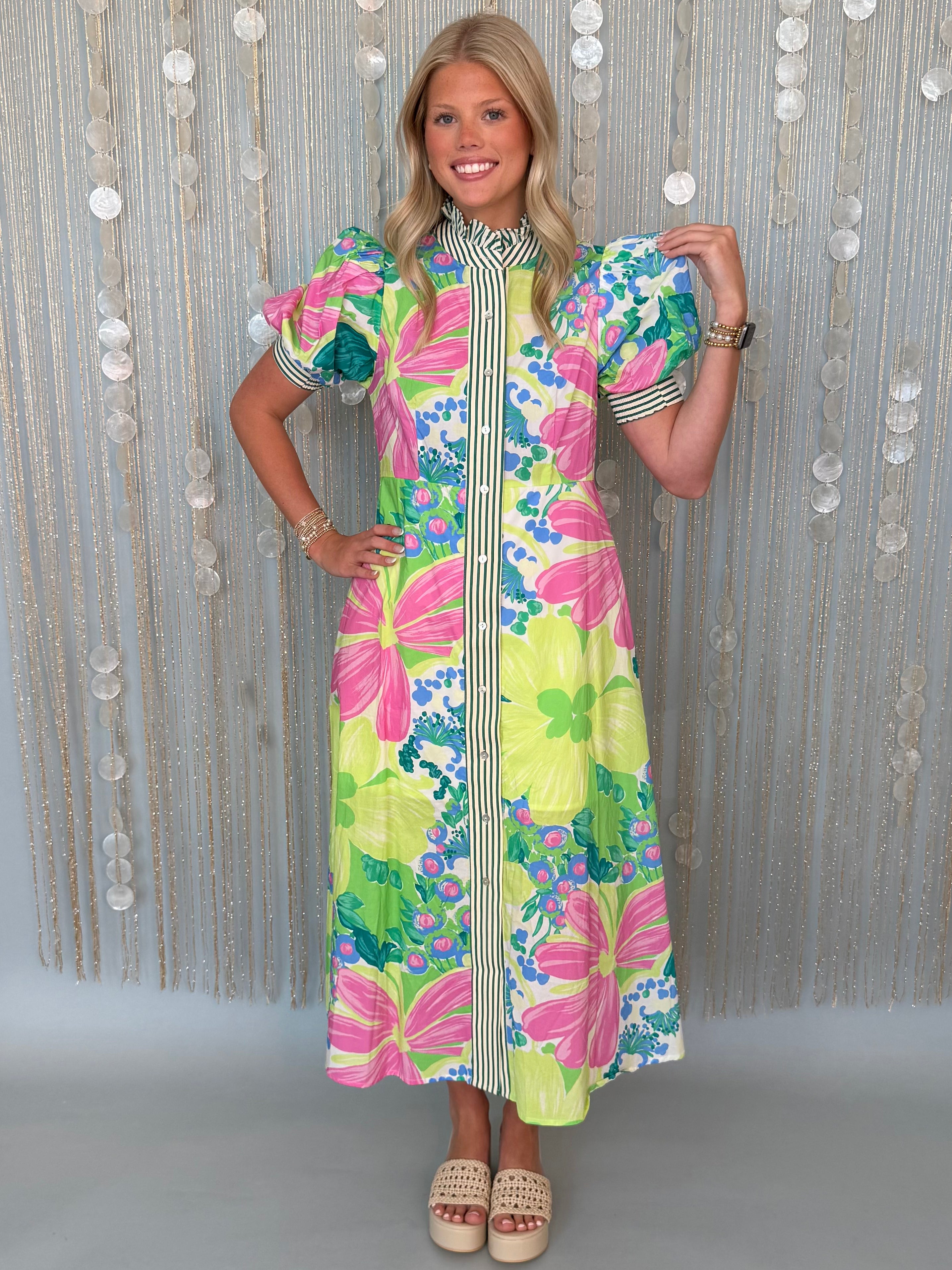 Pretty Poised Lime Floral Stripe Dress