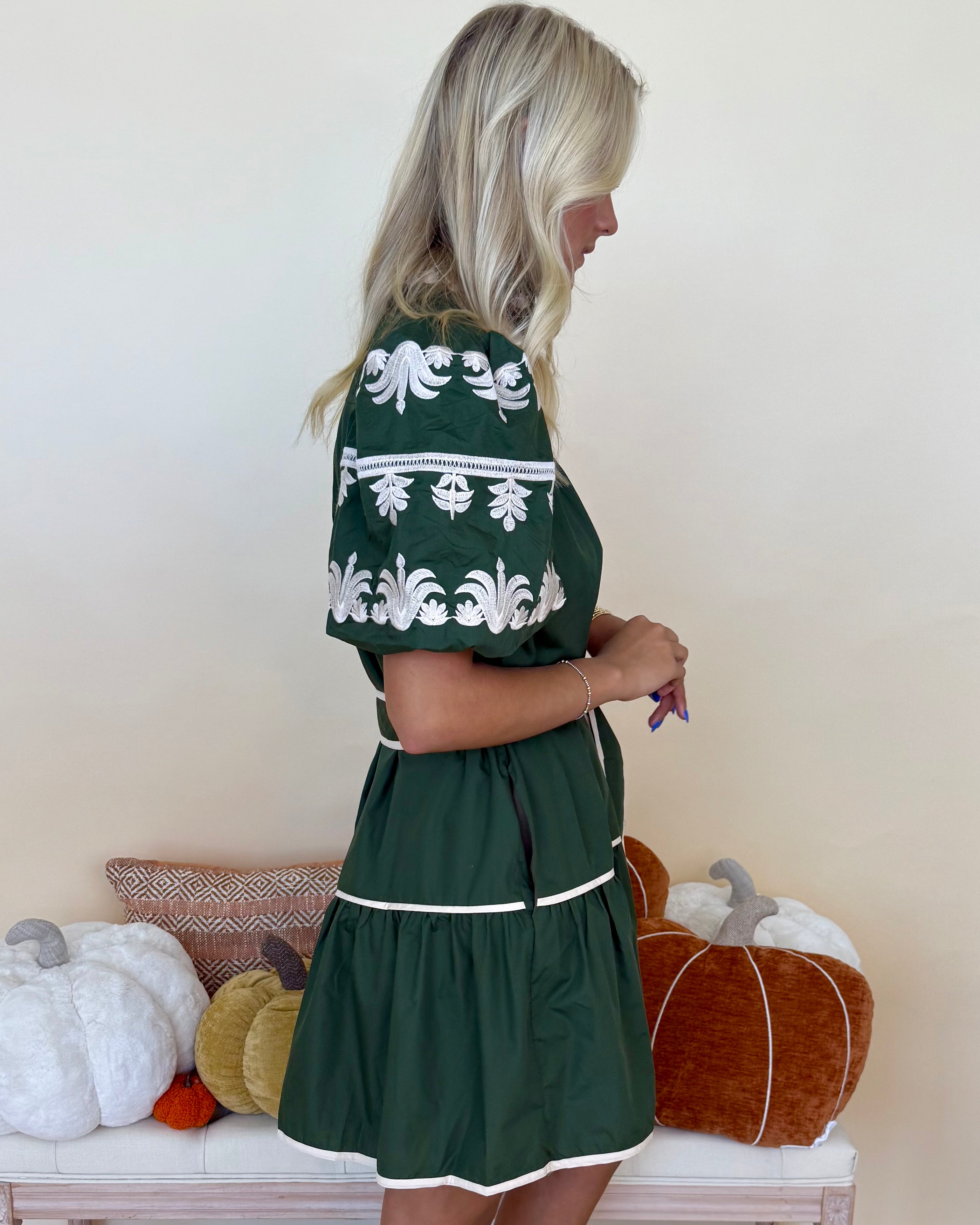 City Sleek Dark Green Embroidered Dress-Shop-Womens-Boutique-Clothing