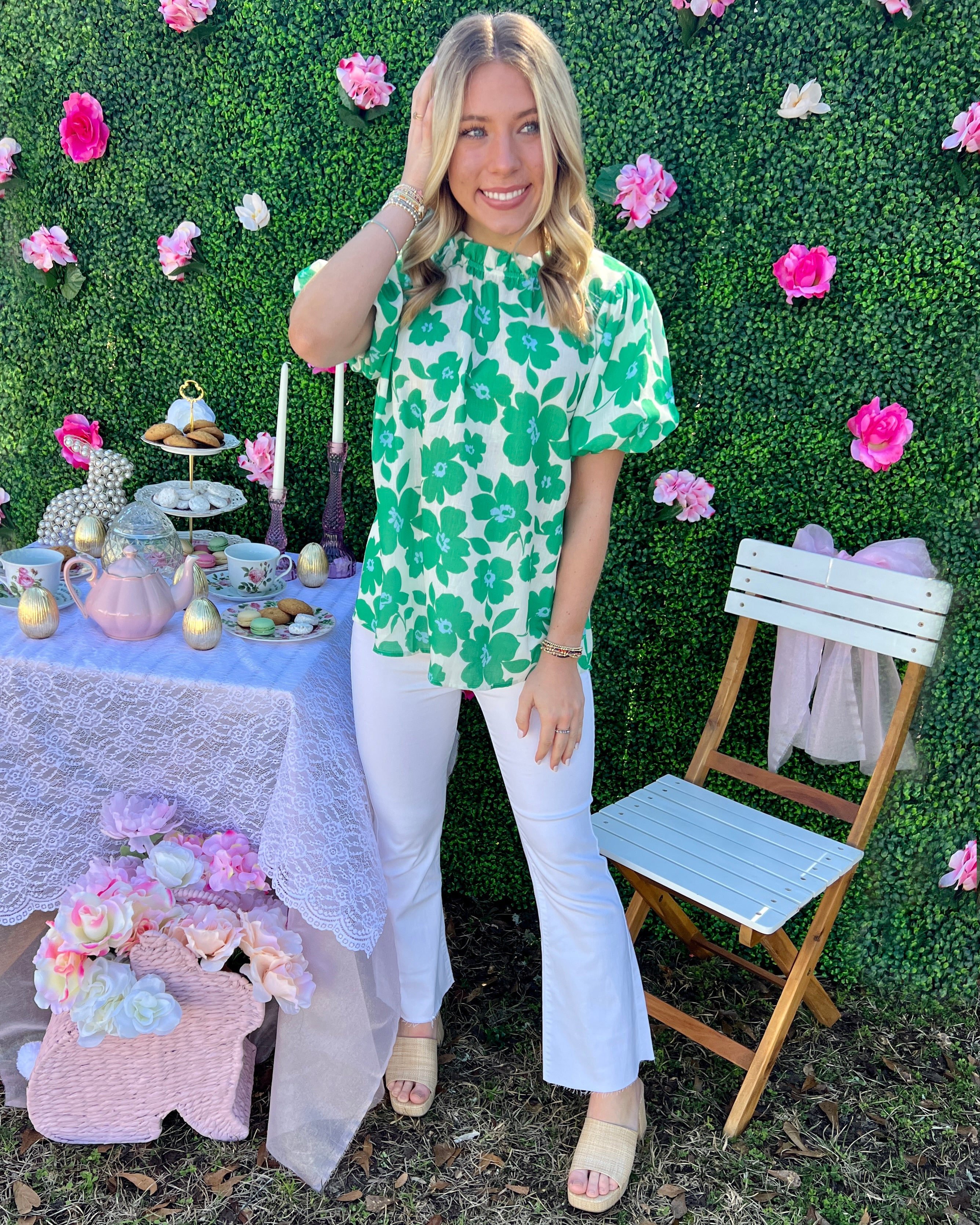 Thank Me Later Green Floral Puff Top-Shop-Womens-Boutique-Clothing