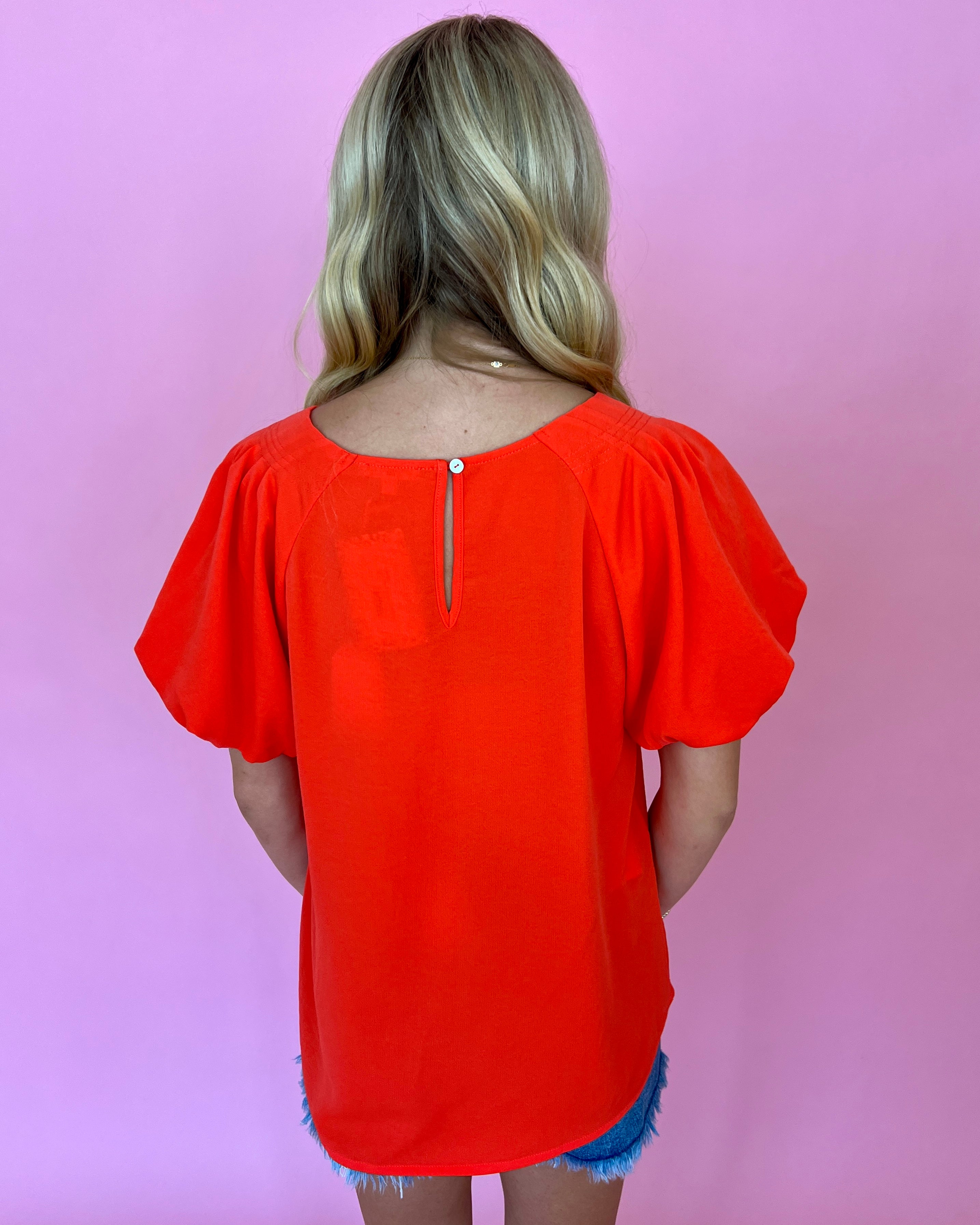 My Dearest Darling Orange Puff Sleeve Round Neck Top-Shop-Womens-Boutique-Clothing