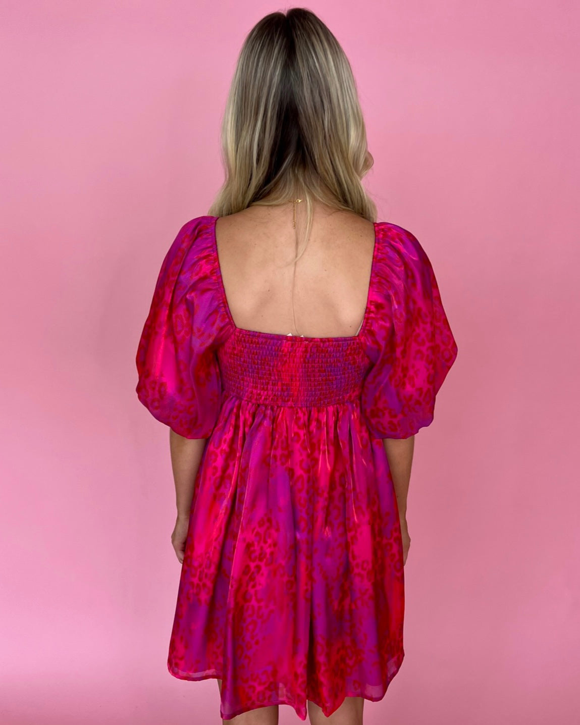 Best Behavior Red Fuchsia Puff Sleeve Animal Dress-Shop-Womens-Boutique-Clothing