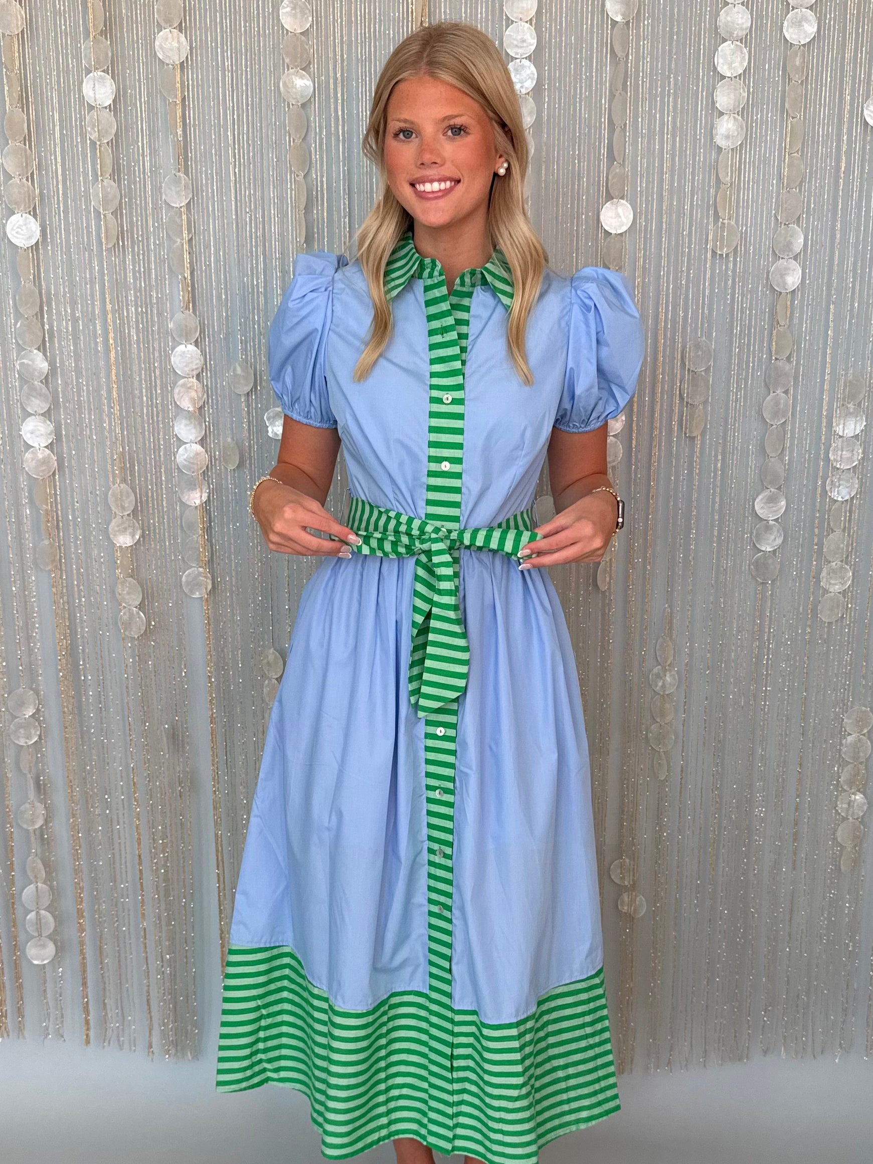 Soft Style Blue Stripe Trim Puff Sleeve Midi Dress-Shop-Womens-Boutique-Clothing
