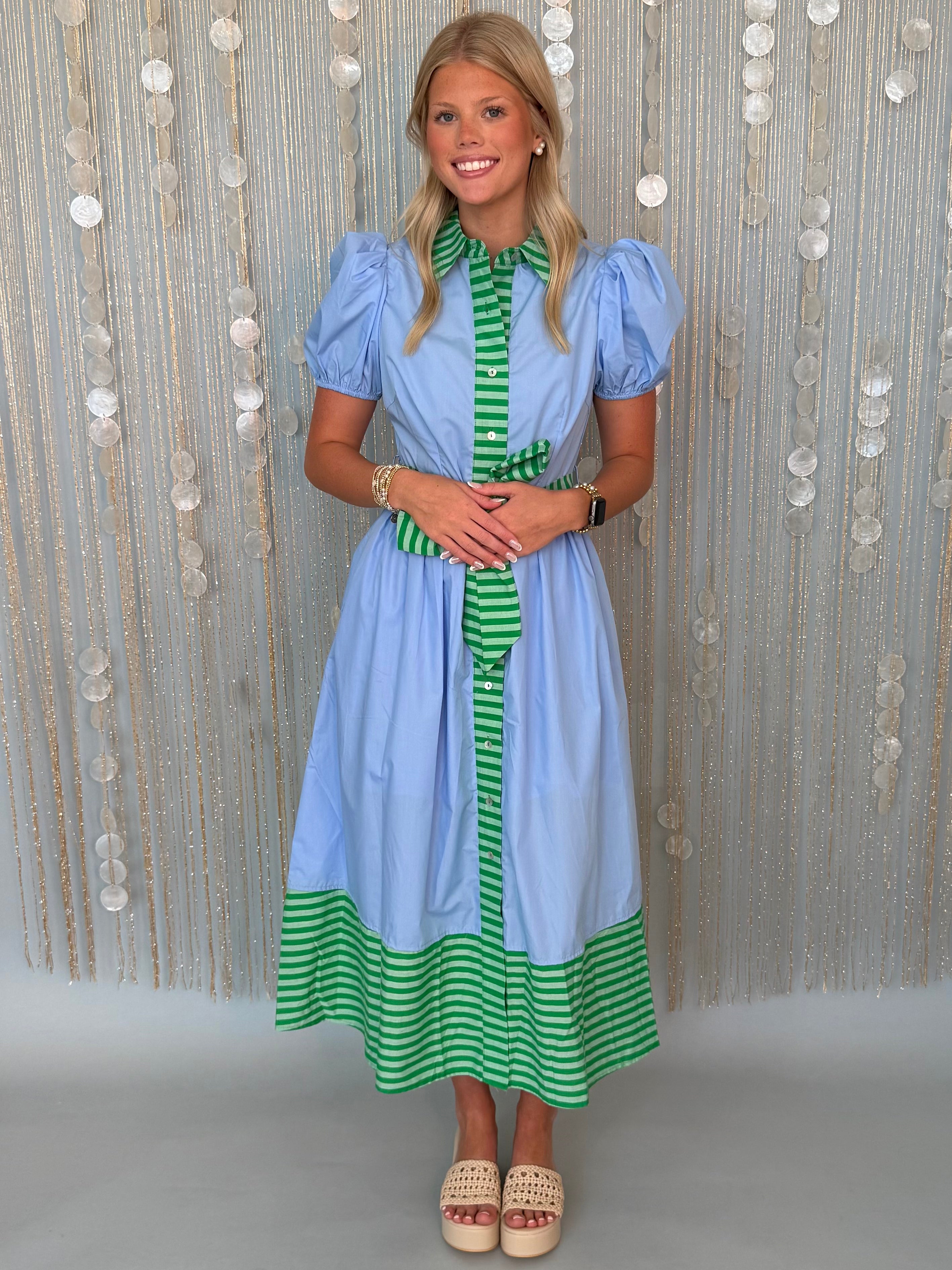 Soft Style Blue Stripe Trim Puff Sleeve Midi Dress-Shop-Womens-Boutique-Clothing