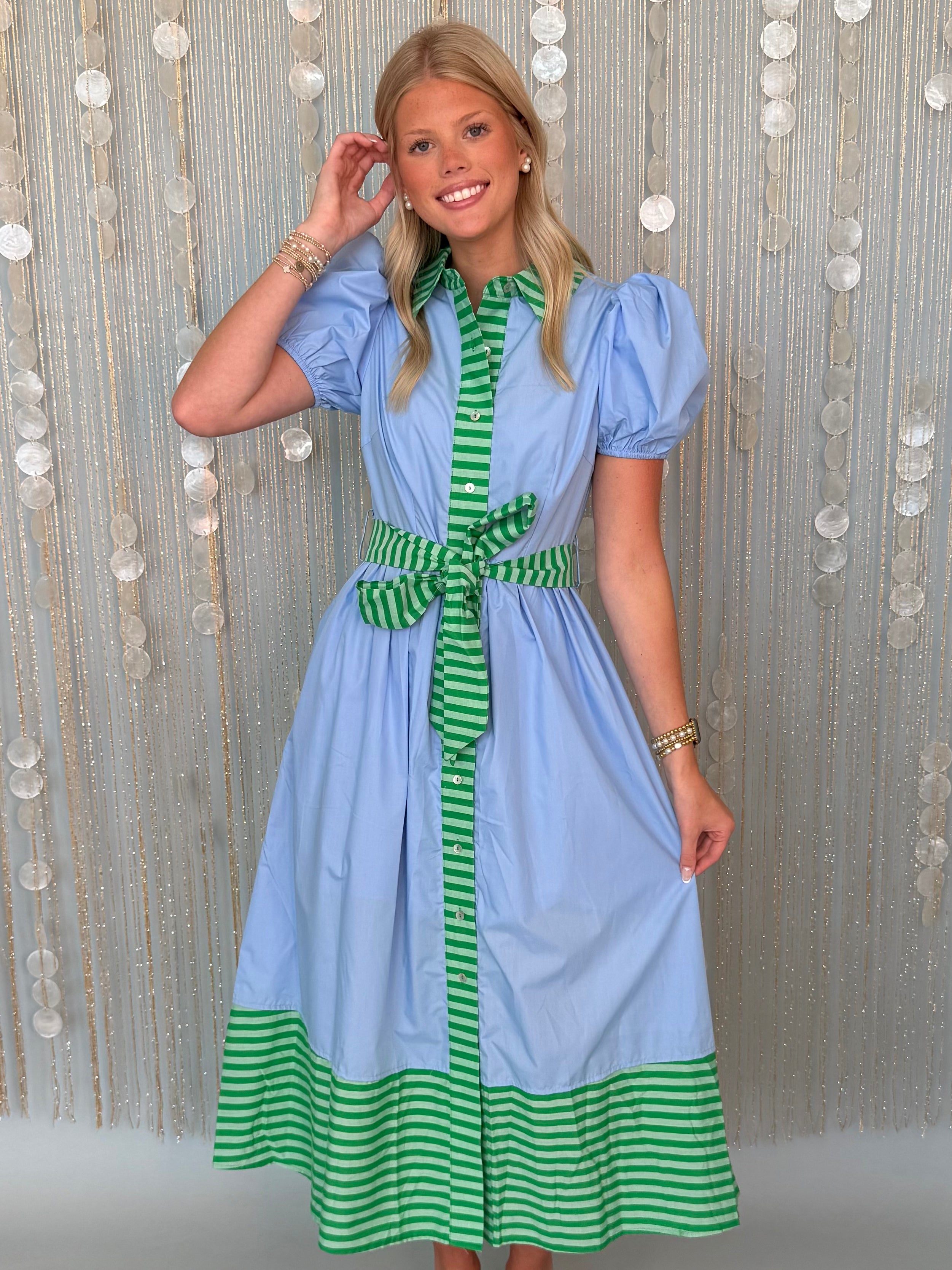 Soft Style Blue Stripe Trim Puff Sleeve Midi Dress-Shop-Womens-Boutique-Clothing
