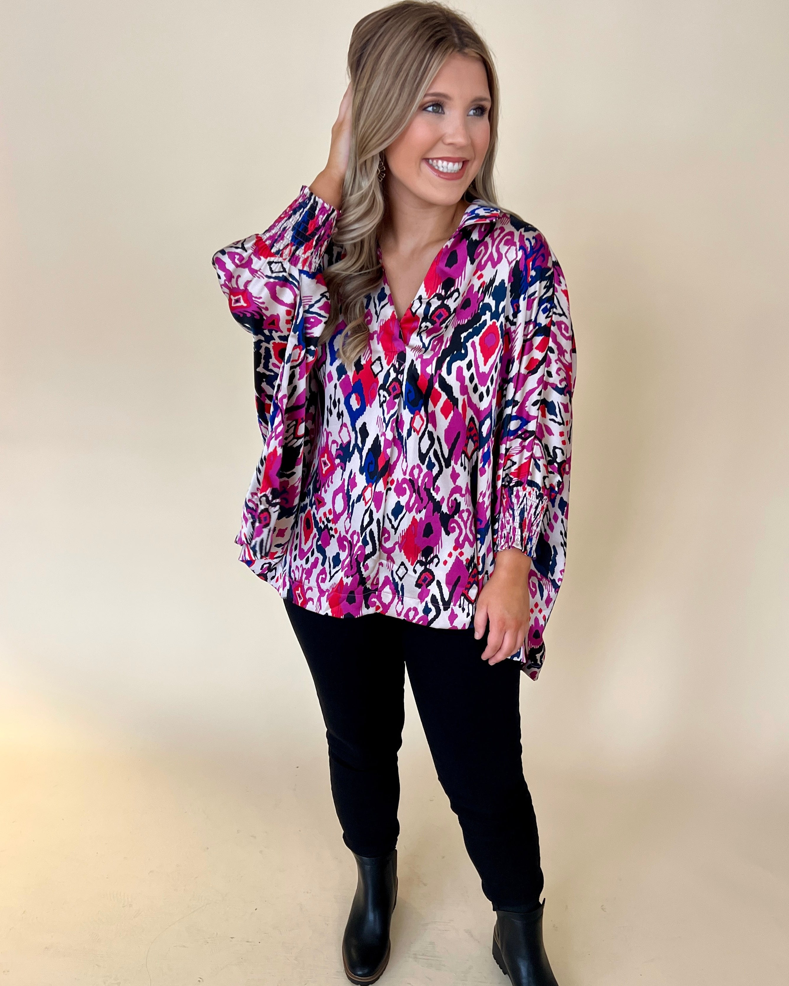 Stay Awhile Magenta Mix Abstract Top-Shop-Womens-Boutique-Clothing