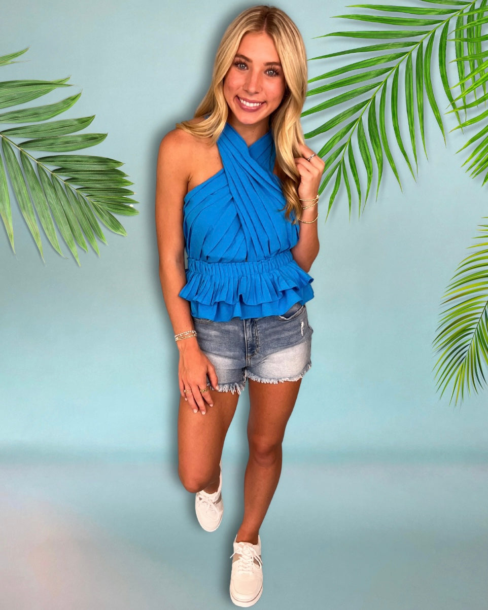 Take The Moment River Blue Pleated Peplum Top-Shop-Womens-Boutique-Clothing