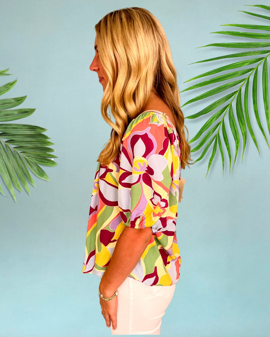 Tropical Days Lemon Fuchsia Printed Puff Sleeve Top-Shop-Womens-Boutique-Clothing